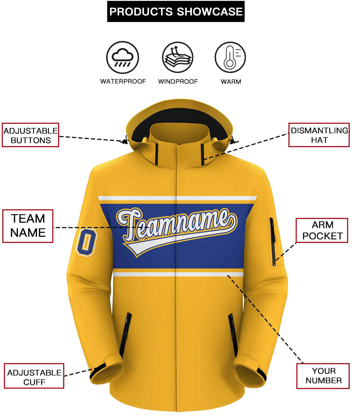Custom Gold White-Royal Color Block Personalized Outdoor Hooded Waterproof Jacket