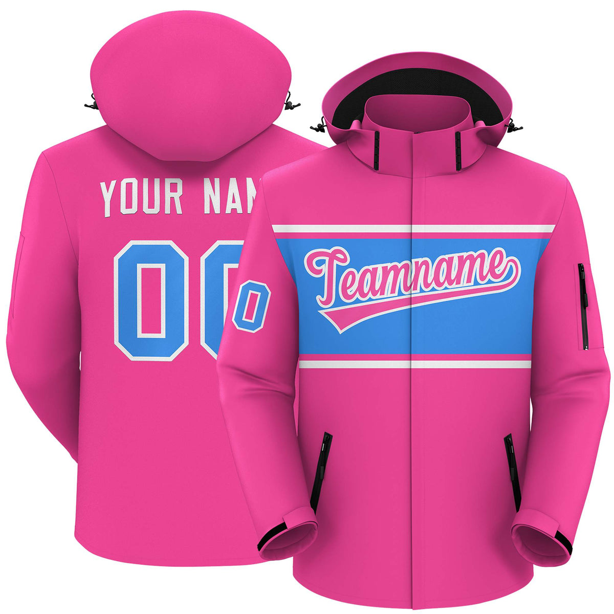 Custom Pink White-Powder Blue Color Block Personalized Outdoor Hooded Waterproof Jacket