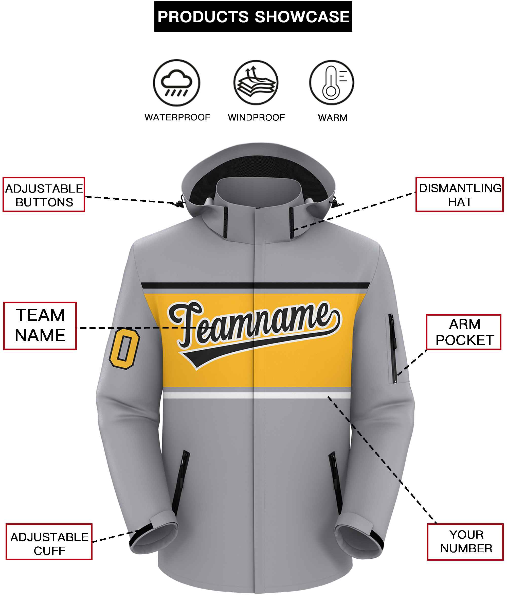 Custom Gray Black-Gold Color Block Personalized Outdoor Hooded Waterproof Jacket