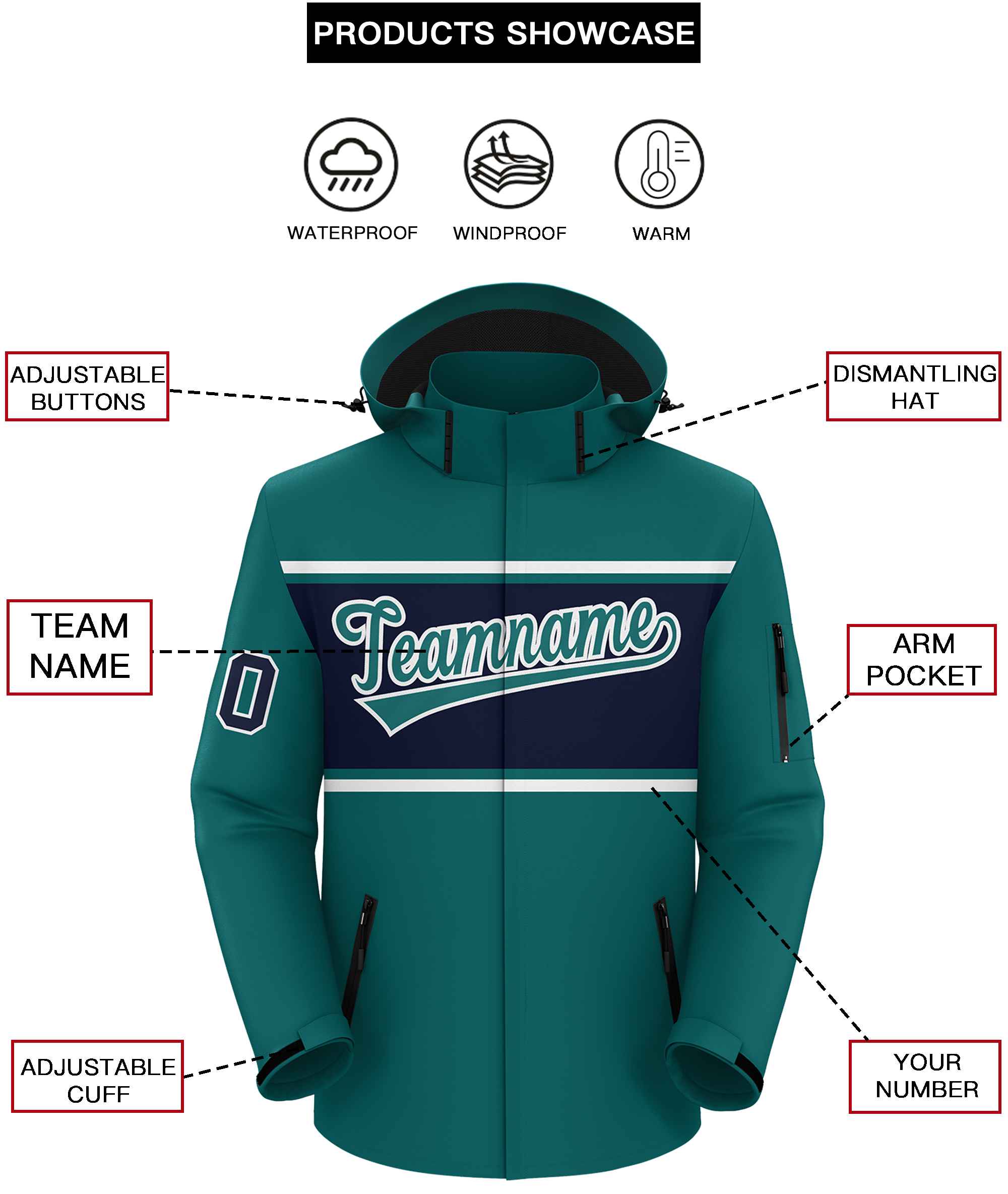 Custom Aqua White-Navy Color Block Personalized Outdoor Hooded Waterproof Jacket