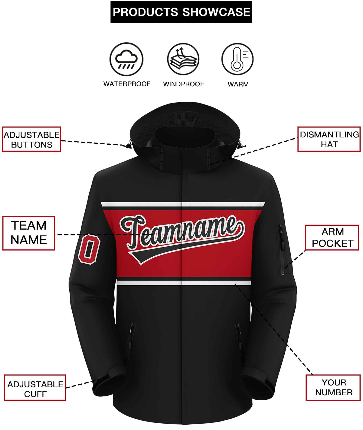 Custom Black White-Red Color Block Personalized Outdoor Hooded Waterproof Jacket