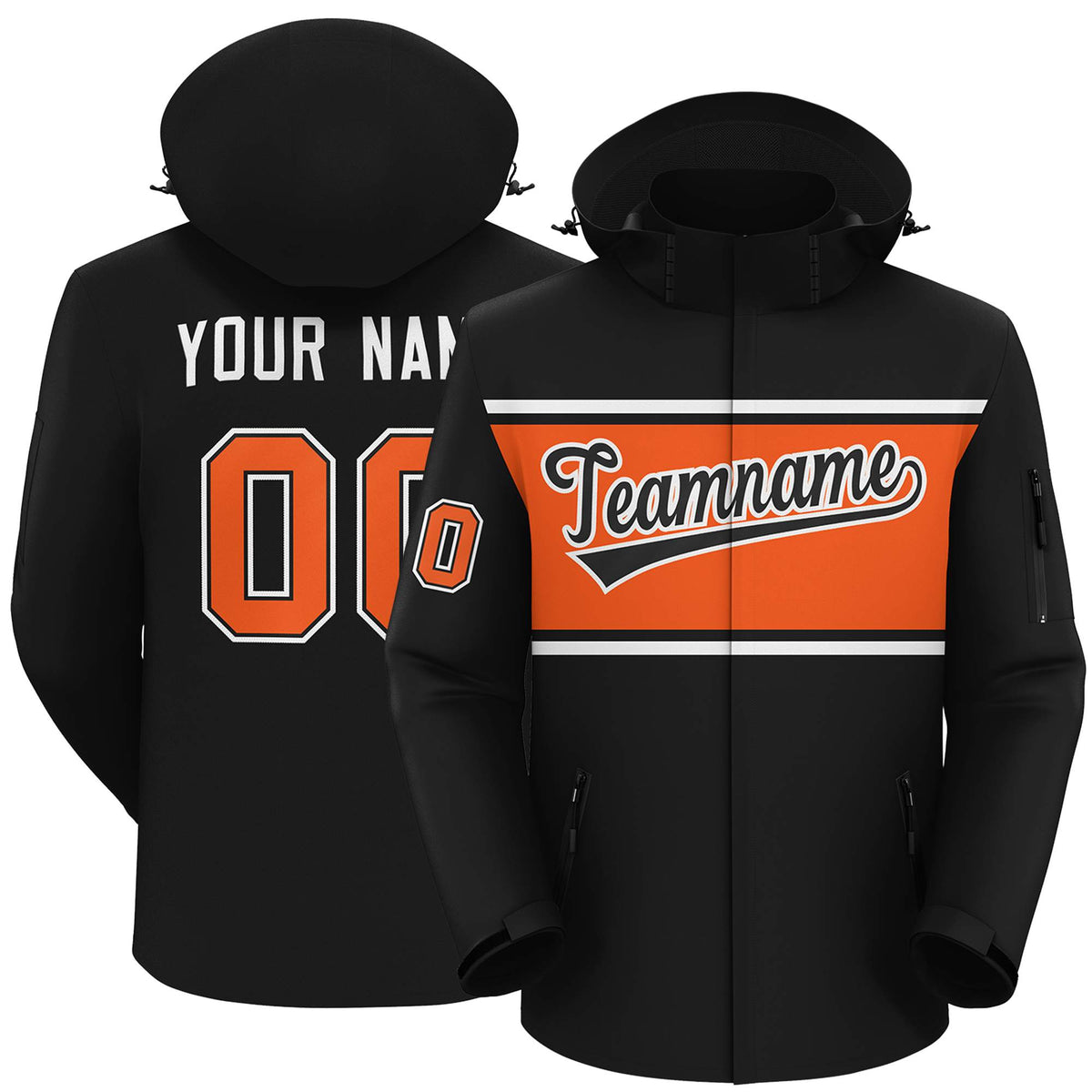 Custom Black White-Orange Color Block Personalized Outdoor Hooded Waterproof Jacket