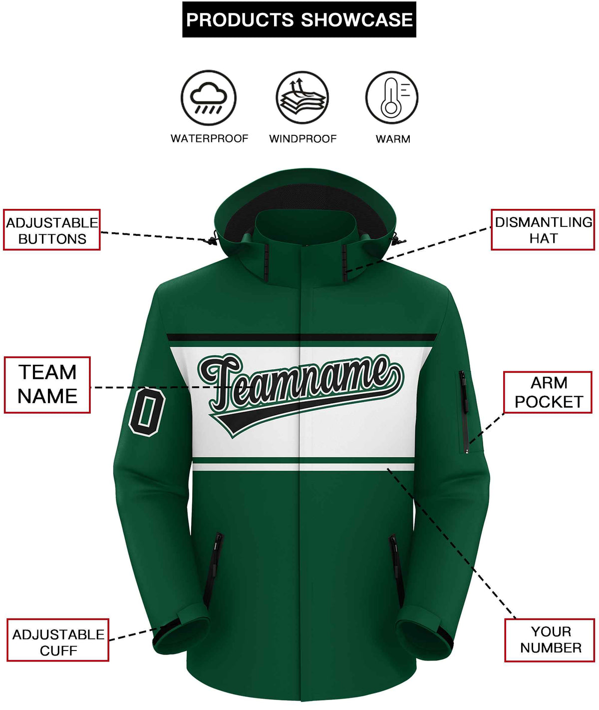 Custom Green Black-White Color Block Personalized Outdoor Hooded Waterproof Jacket