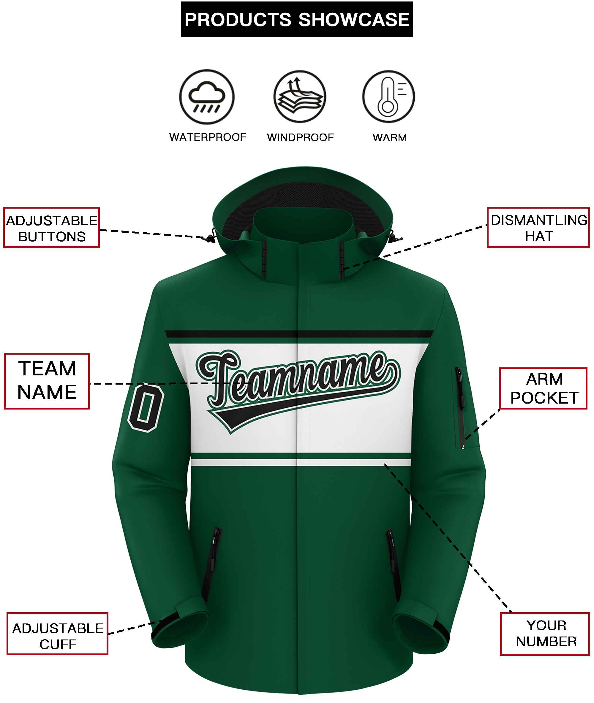 Custom Green Black-White Color Block Personalized Outdoor Hooded Waterproof Jacket