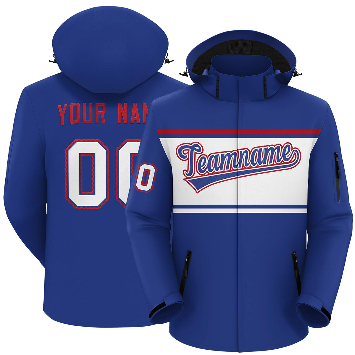 Custom Royal Red-White Color Block Personalized Outdoor Hooded Waterproof Jacket