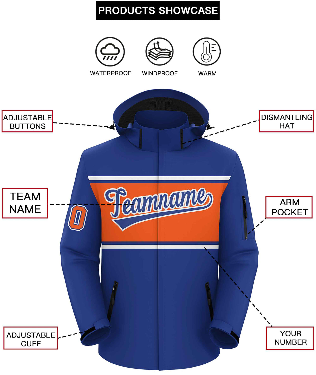 Custom Royal White-Orange Color Block Personalized Outdoor Hooded Waterproof Jacket