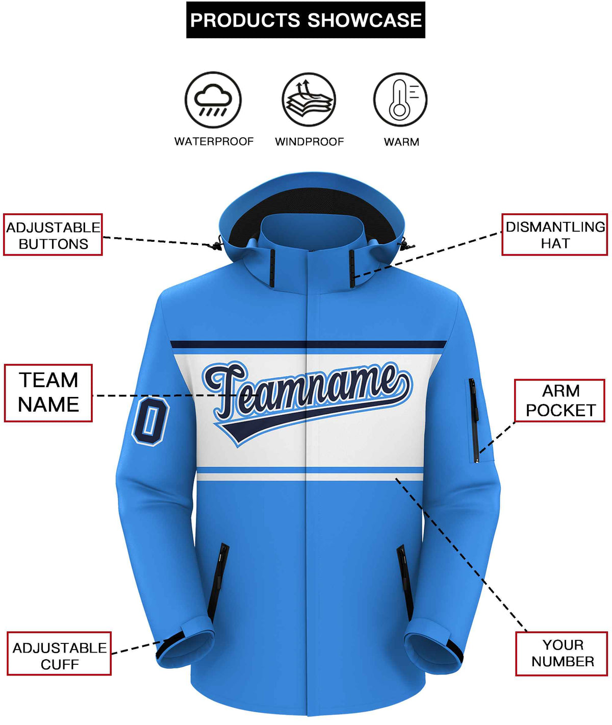 Custom Powder Blue Black-White Color Block Personalized Outdoor Hooded Waterproof Jacket