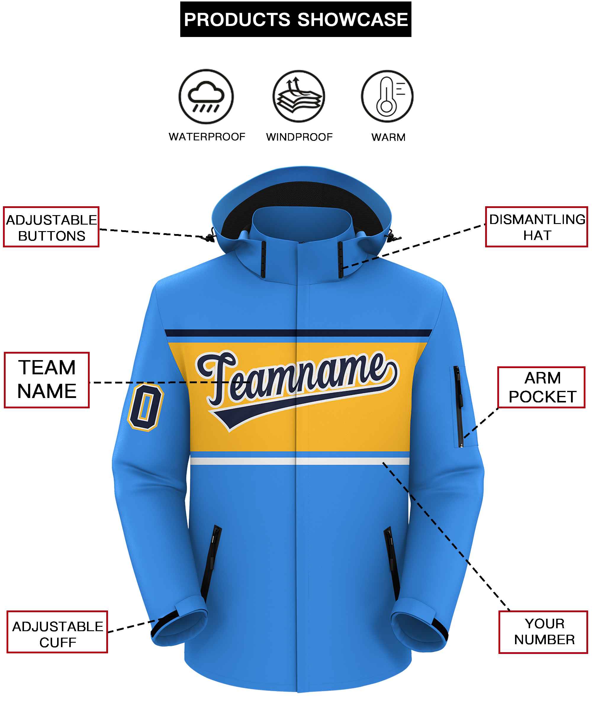 Custom Powder Blue Navy-Gold Color Block Personalized Outdoor Hooded Waterproof Jacket