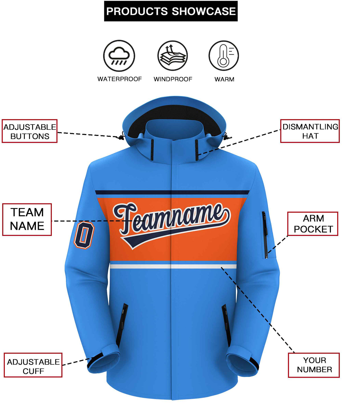 Custom Powder Blue Navy-Orange Color Block Personalized Outdoor Hooded Waterproof Jacket