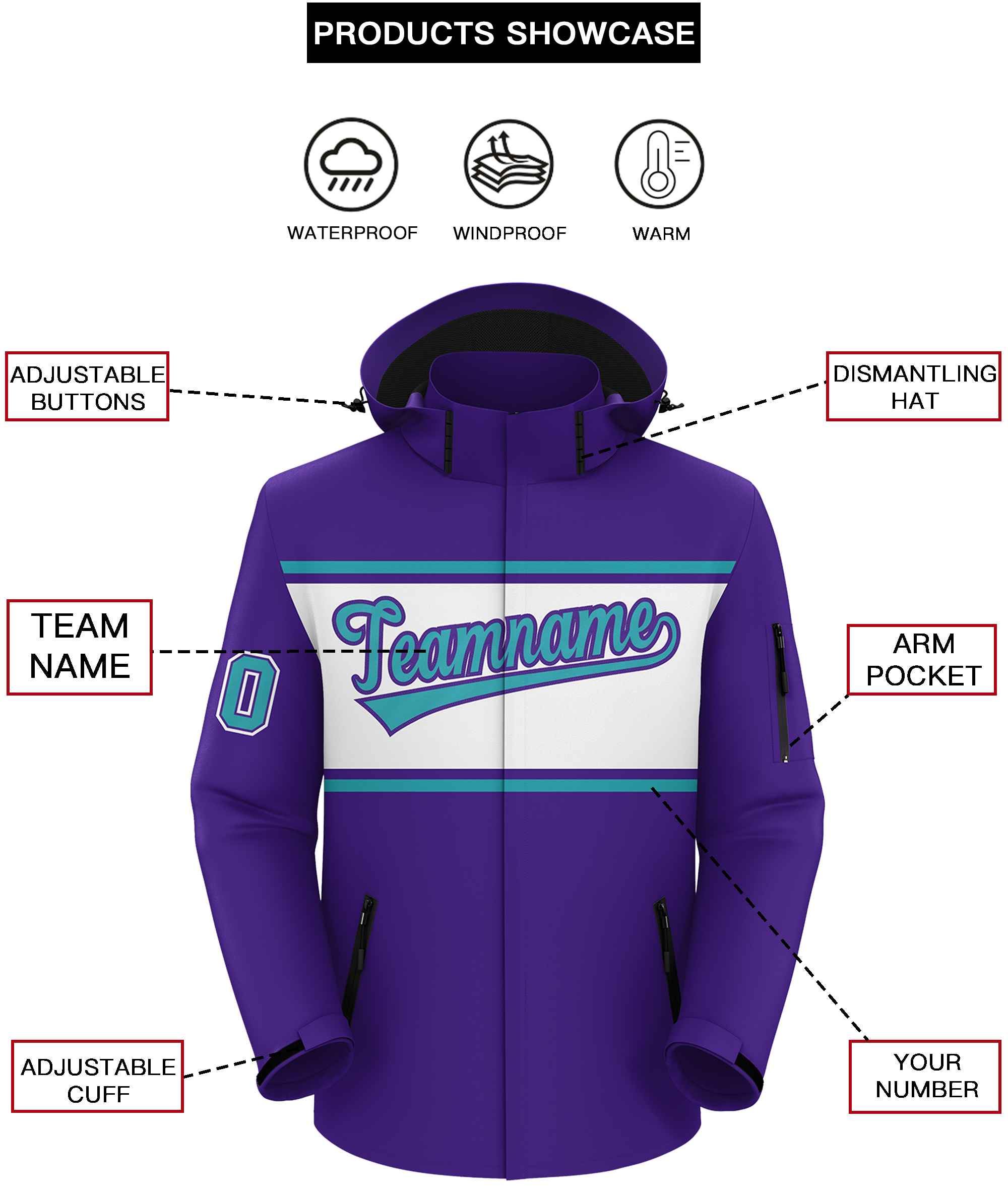 Custom Purple Aqua-White Color Block Personalized Outdoor Hooded Waterproof Jacket