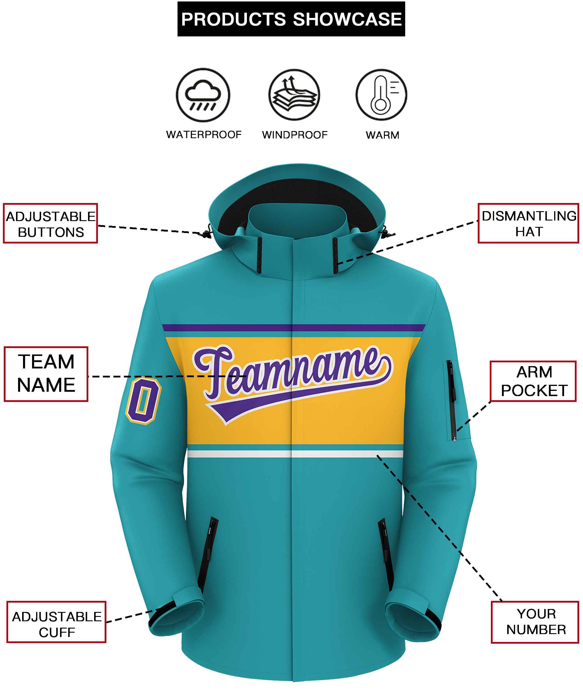 Custom Aqua Purple-Gold Color Block Personalized Outdoor Hooded Waterproof Jacket
