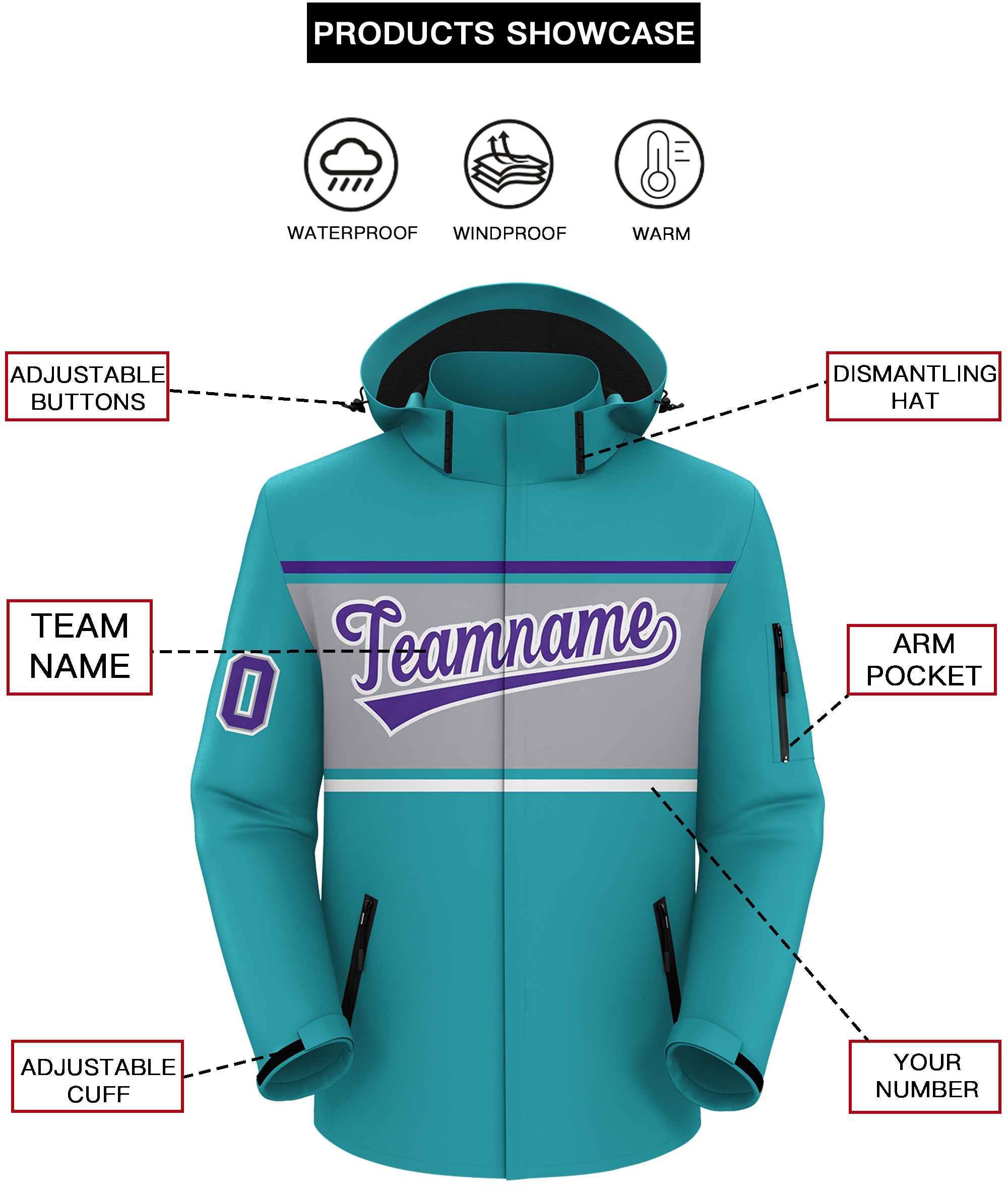 Custom Aqua Purple-Gray Color Block Personalized Outdoor Hooded Waterproof Jacket
