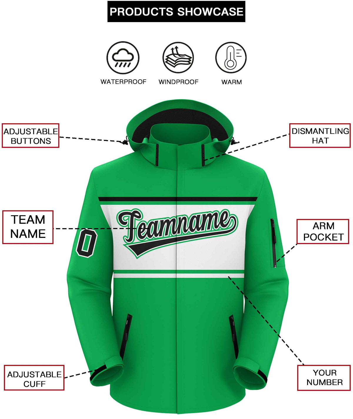 Custom Kelly Green Black-White Color Block Personalized Outdoor Hooded Waterproof Jacket