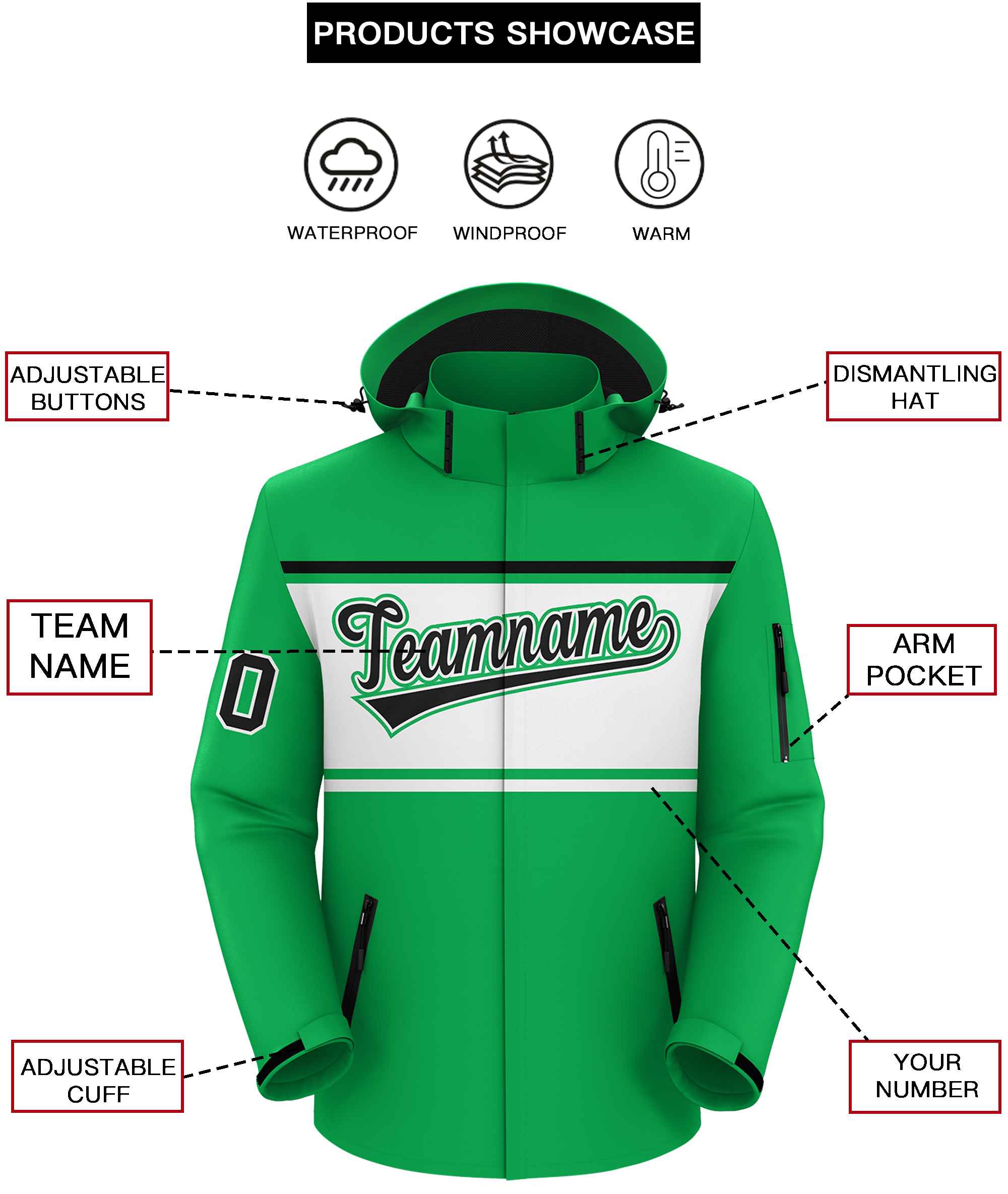 Custom Kelly Green Black-White Color Block Personalized Outdoor Hooded Waterproof Jacket