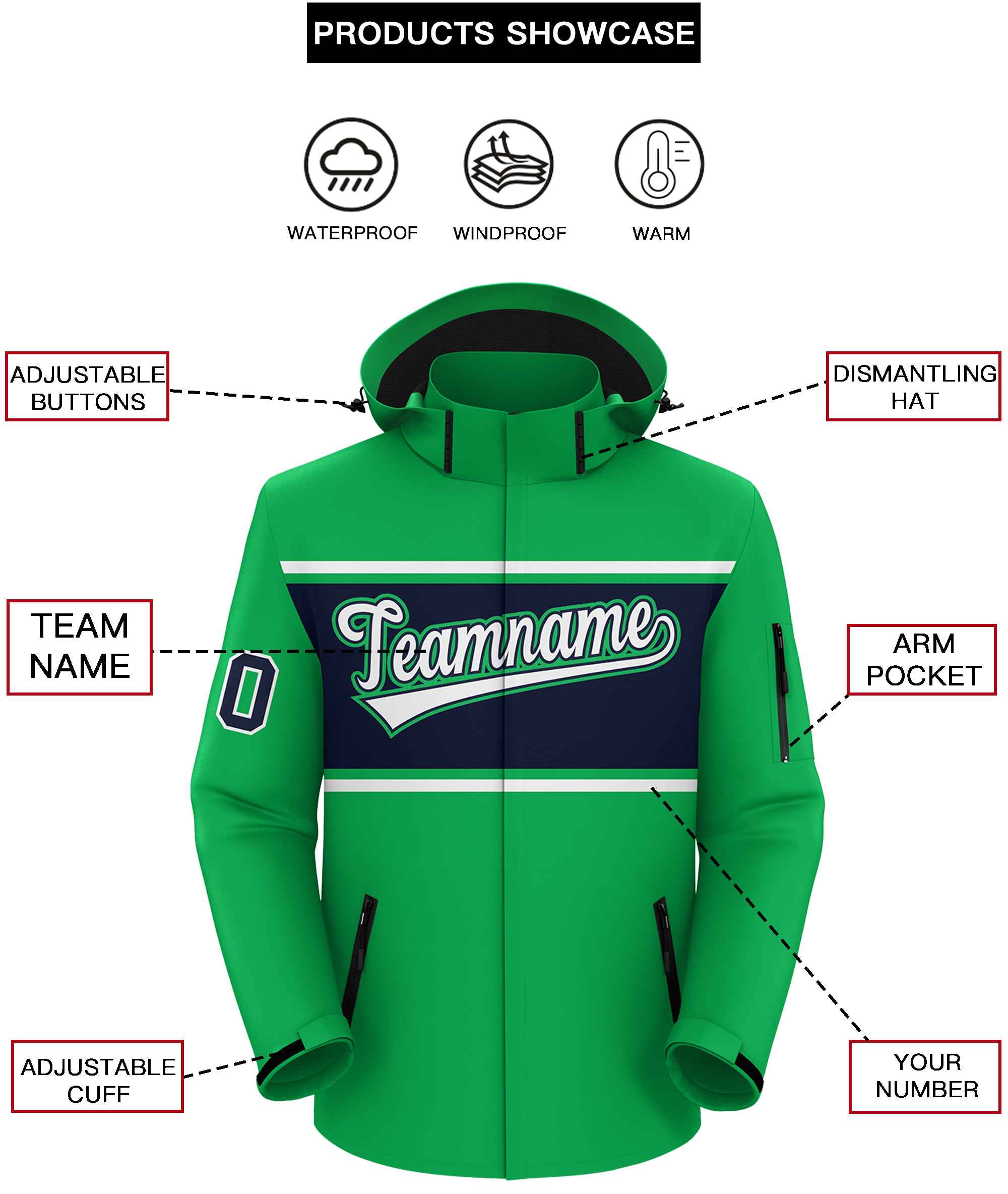 Custom Kelly Green White-Navy Color Block Personalized Outdoor Hooded Waterproof Jacket