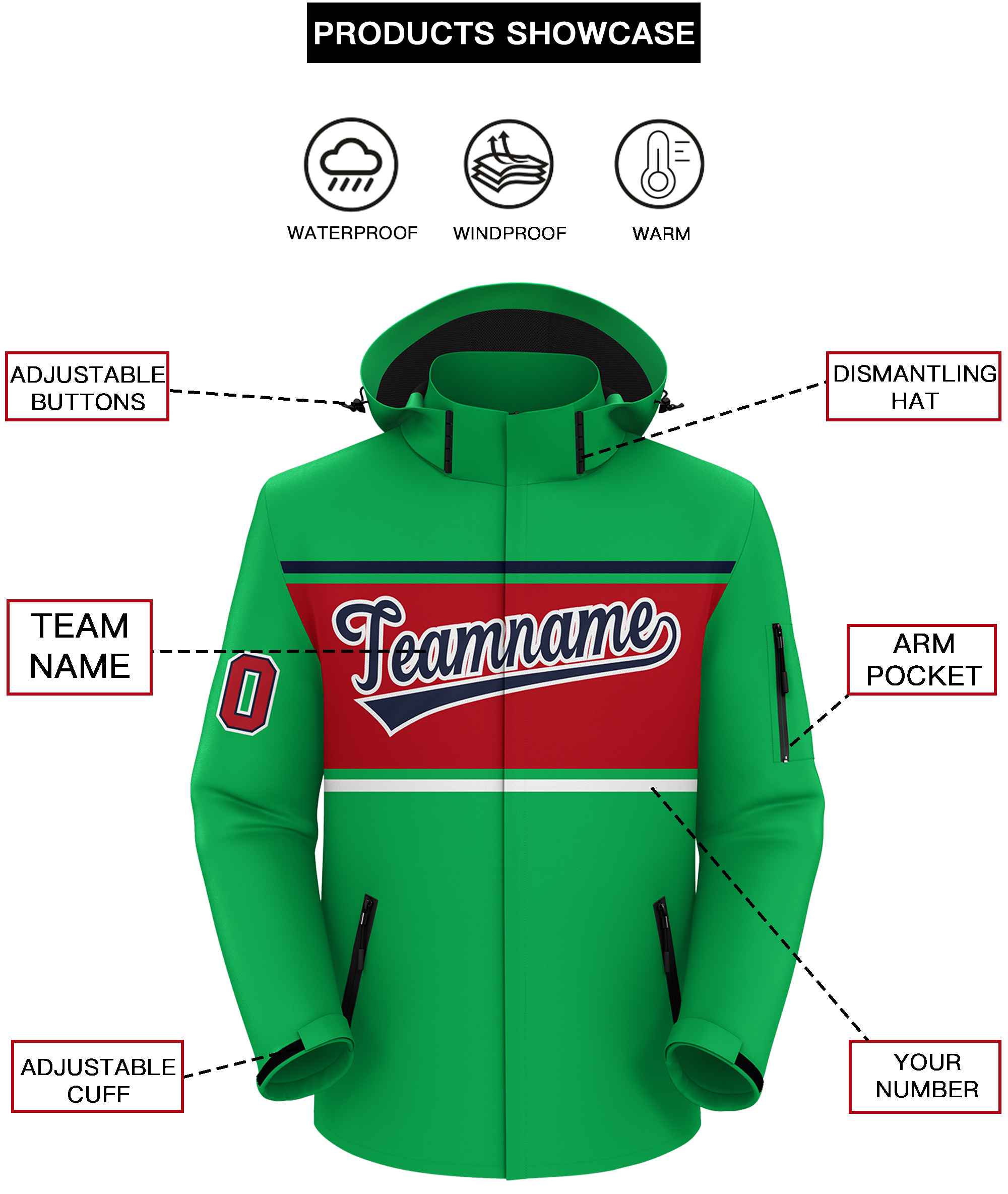 Custom Kelly Green Navy-Red Color Block Personalized Outdoor Hooded Waterproof Jacket