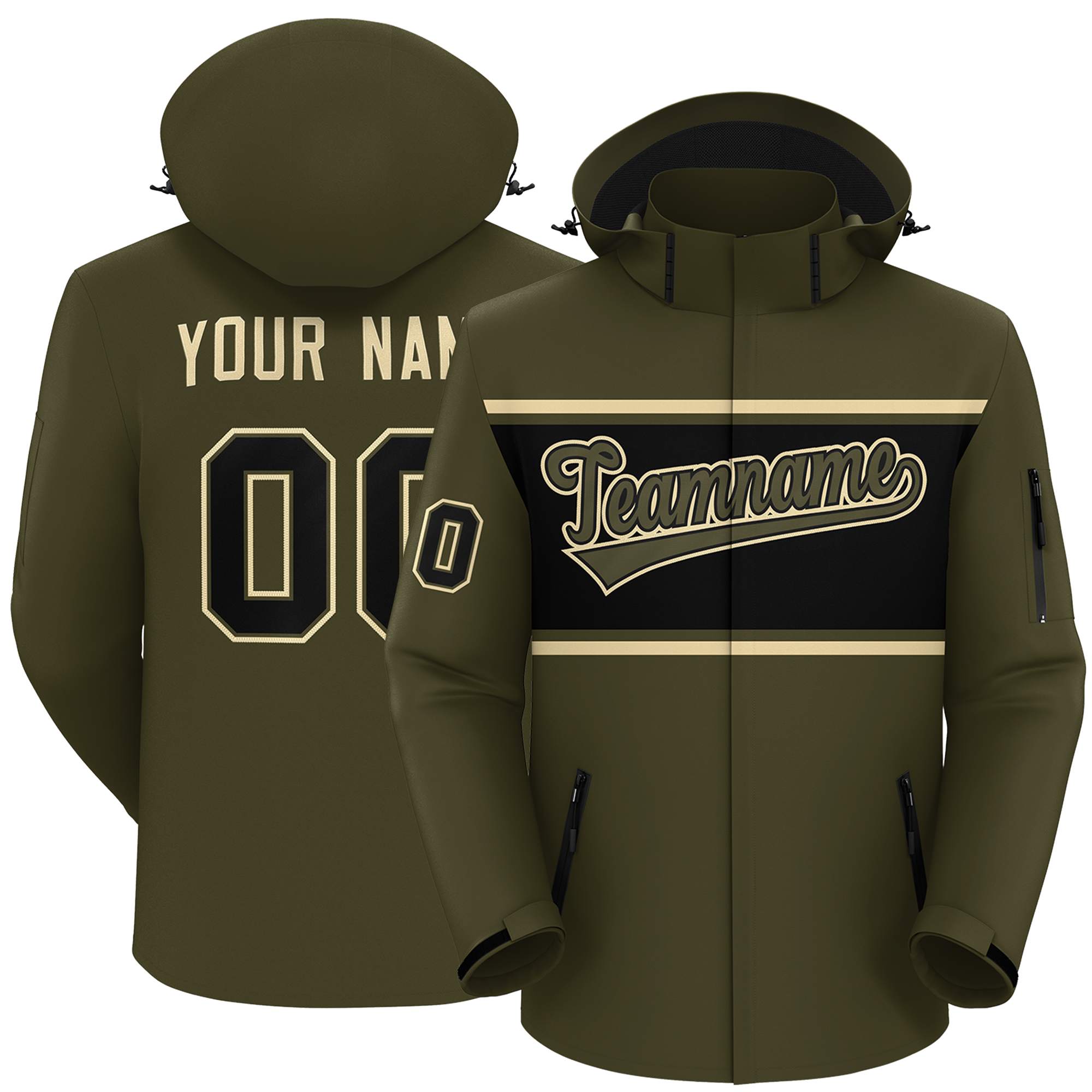 Custom Olive Khaki-Black Color Block Personalized Outdoor Hooded Waterproof Jacket