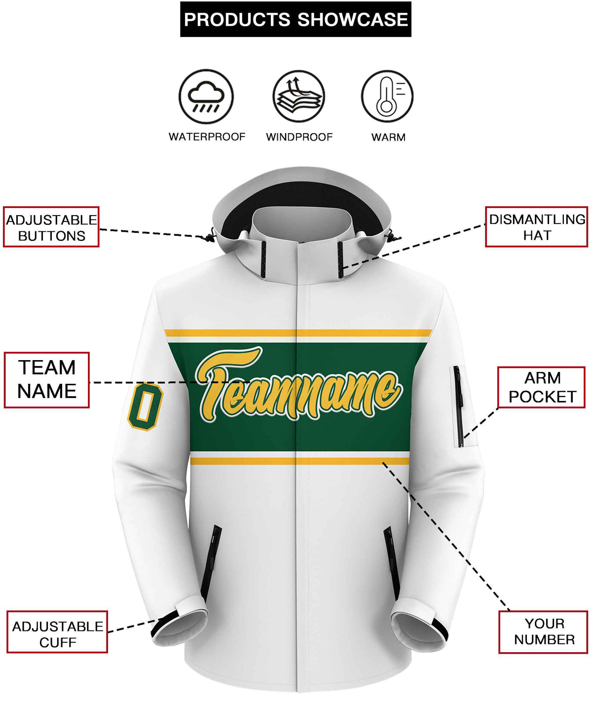 Custom White Gold-Green Color Block Personalized Outdoor Hooded Waterproof Jacket