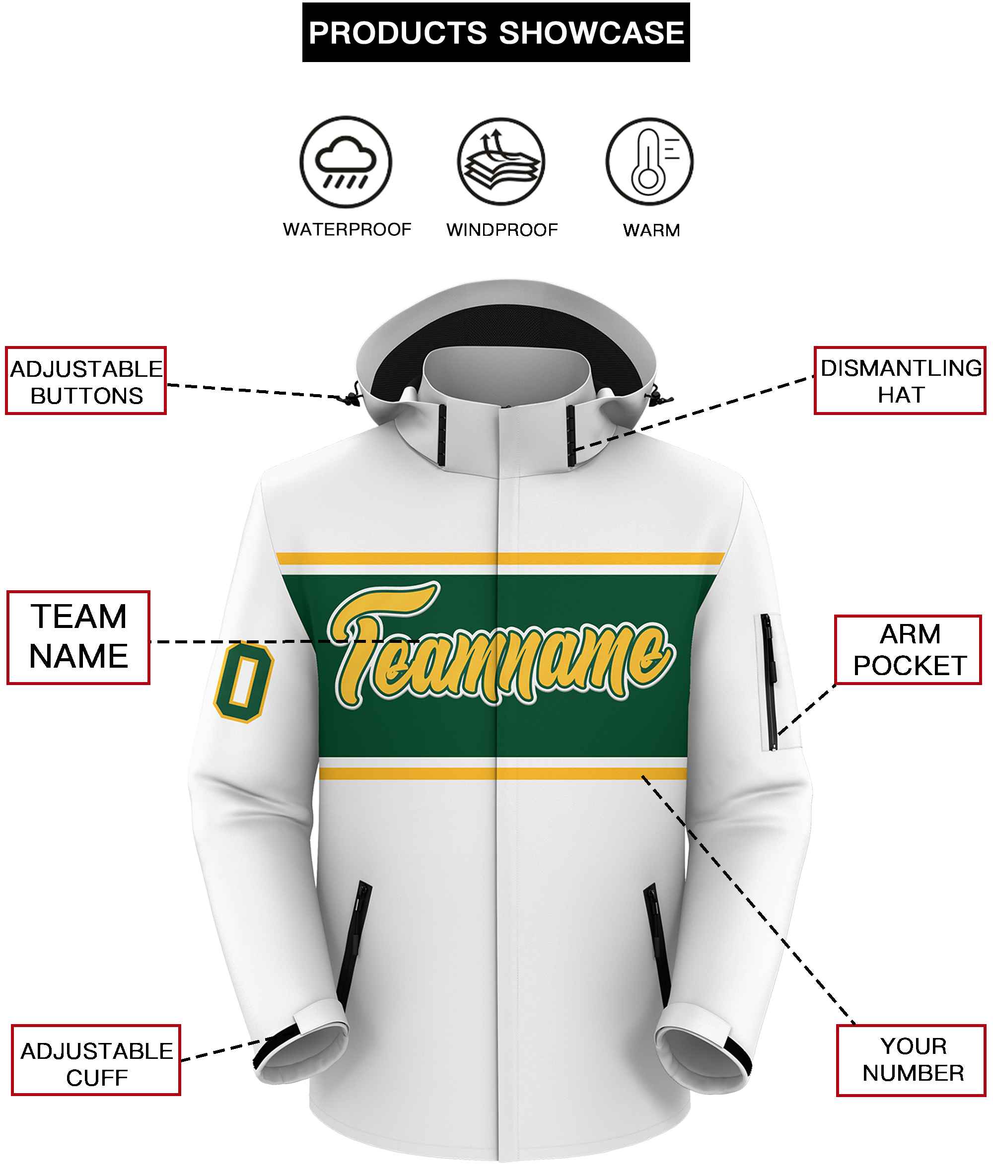 Custom White Gold-Green Color Block Personalized Outdoor Hooded Waterproof Jacket