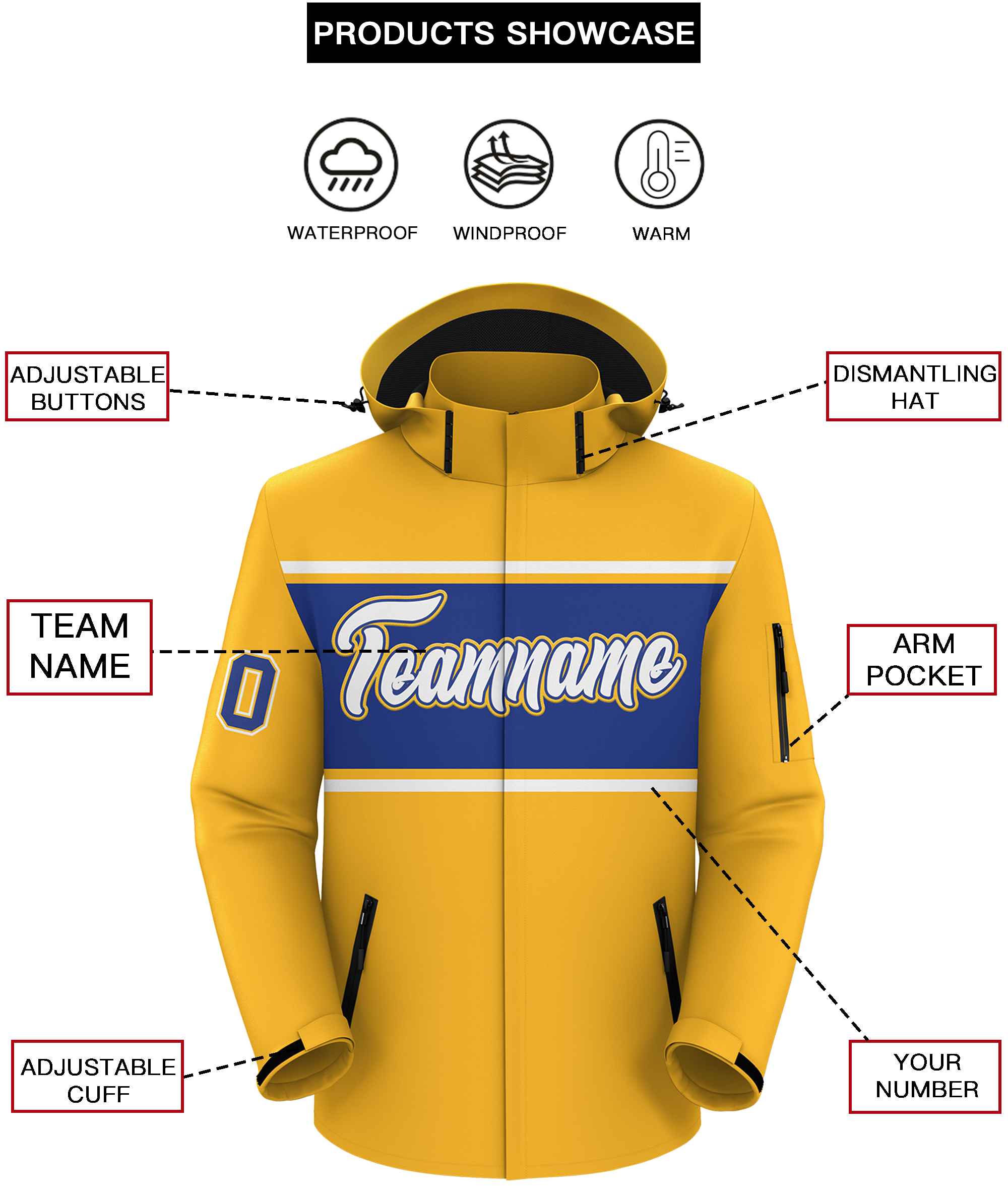 Custom Gold White-Royal Color Block Personalized Outdoor Hooded Waterproof Jacket