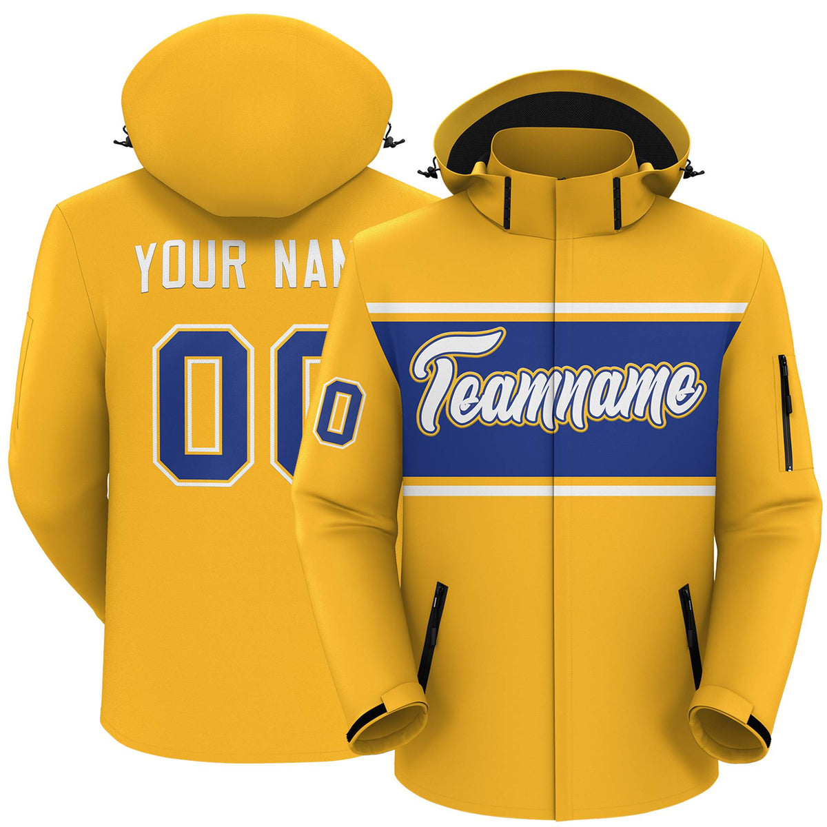 Custom Gold White-Royal Color Block Personalized Outdoor Hooded Waterproof Jacket