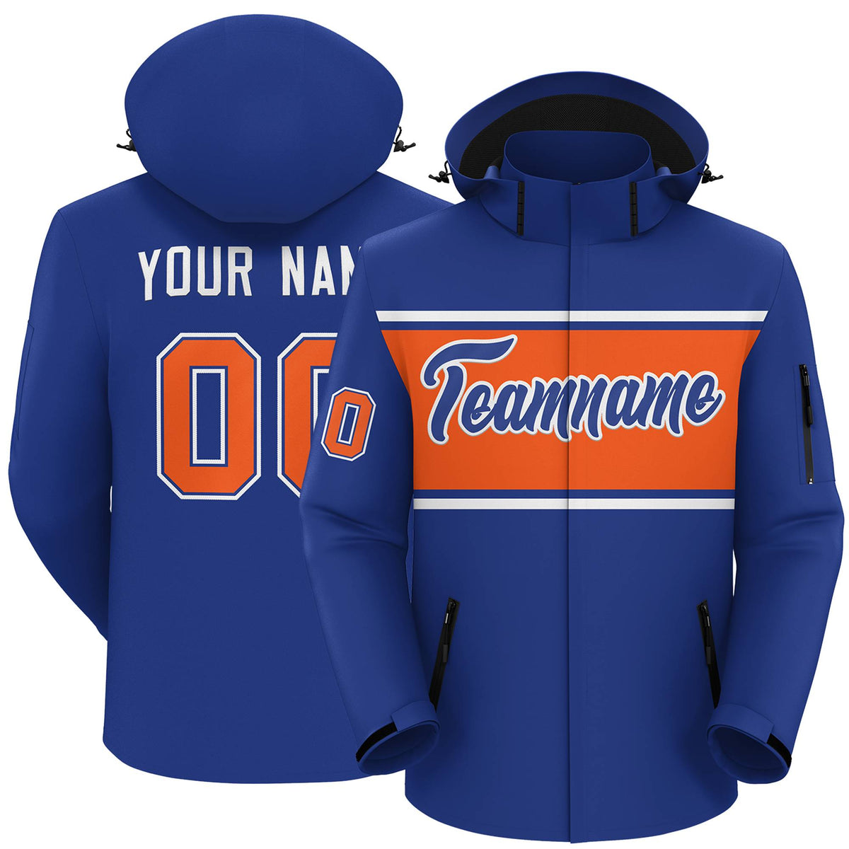 Custom Royal White-Orange Color Block Personalized Outdoor Hooded Waterproof Jacket
