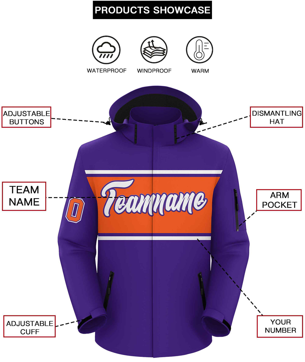 Custom Purple White-Orange Color Block Personalized Outdoor Hooded Waterproof Jacket