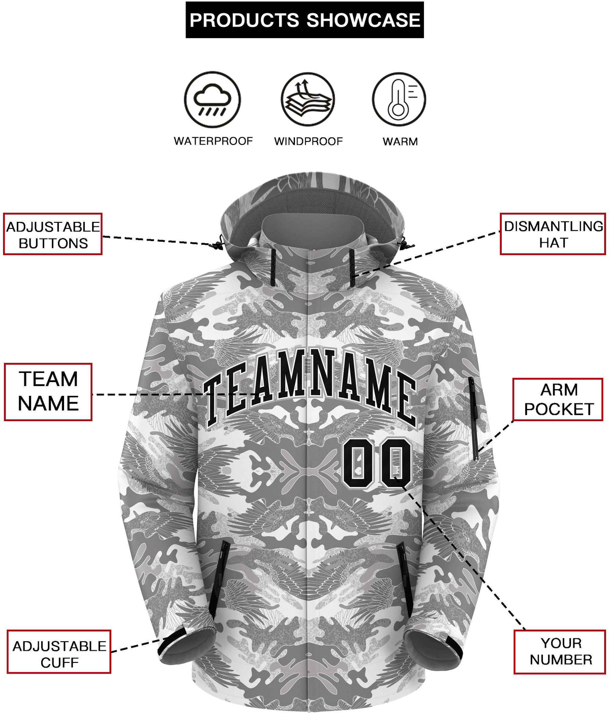 Custom Gray Black-White Camo Outdoor Windbreaker Personalized Waterproof Jacket