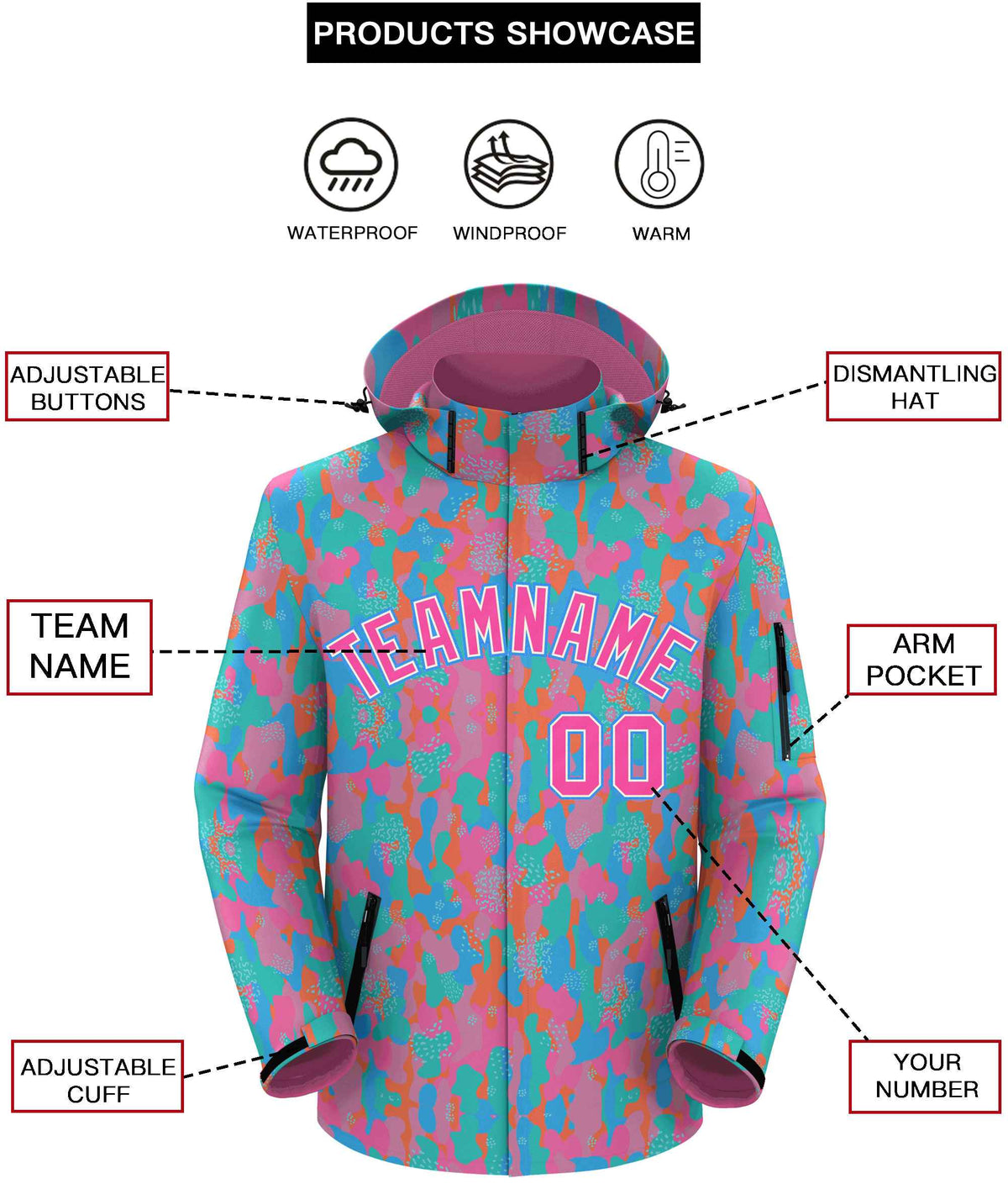 Custom Pink Cream-Powder Blue Camo Outdoor Windbreaker Personalized Waterproof Jacket