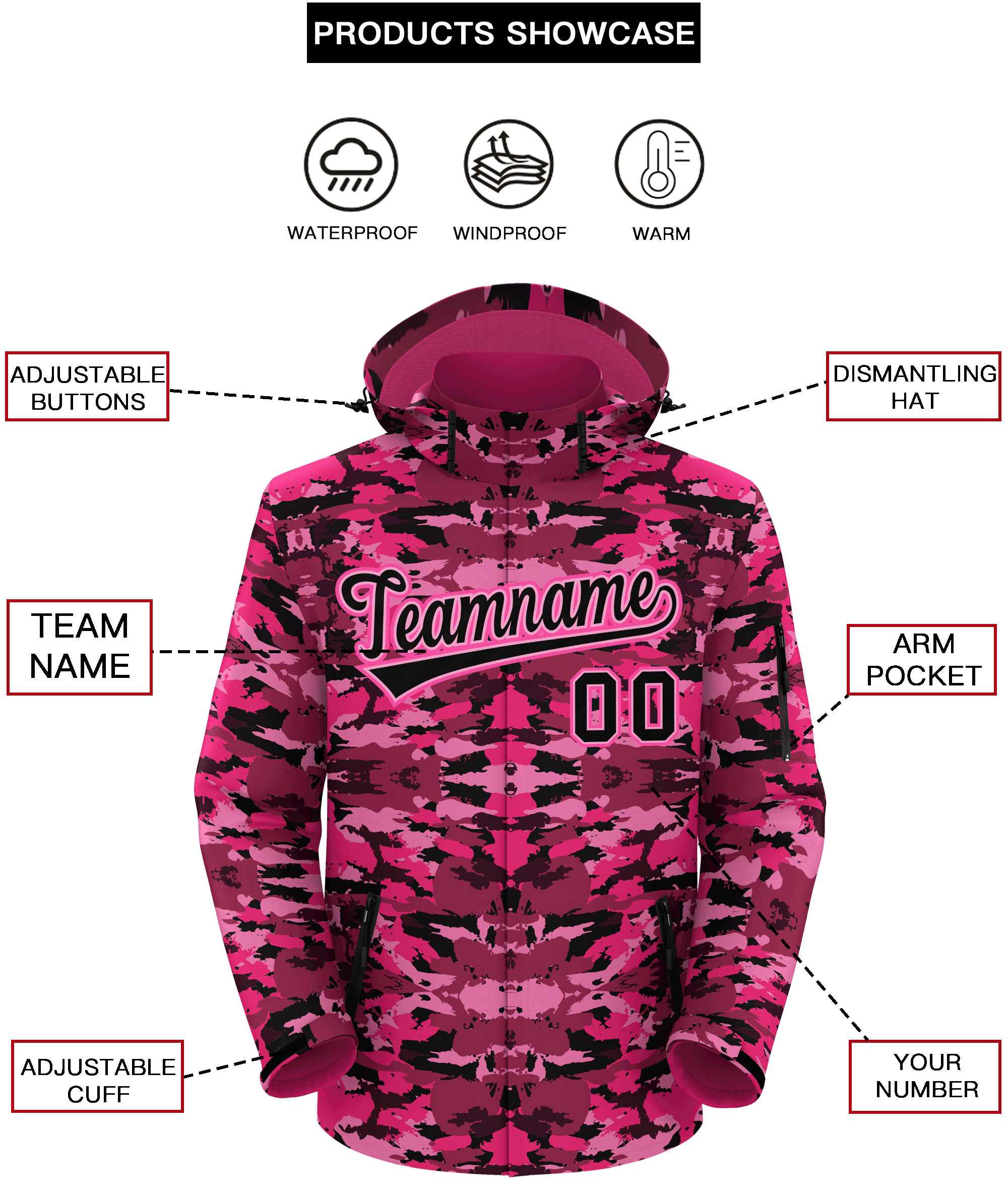 Custom Black Pink Camo Outdoor Windbreaker Personalized Waterproof Jacket