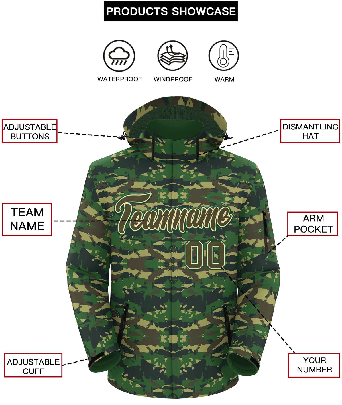 Custom Olive Khaki-Green Camo Outdoor Windbreaker Personalized Waterproof Jacket