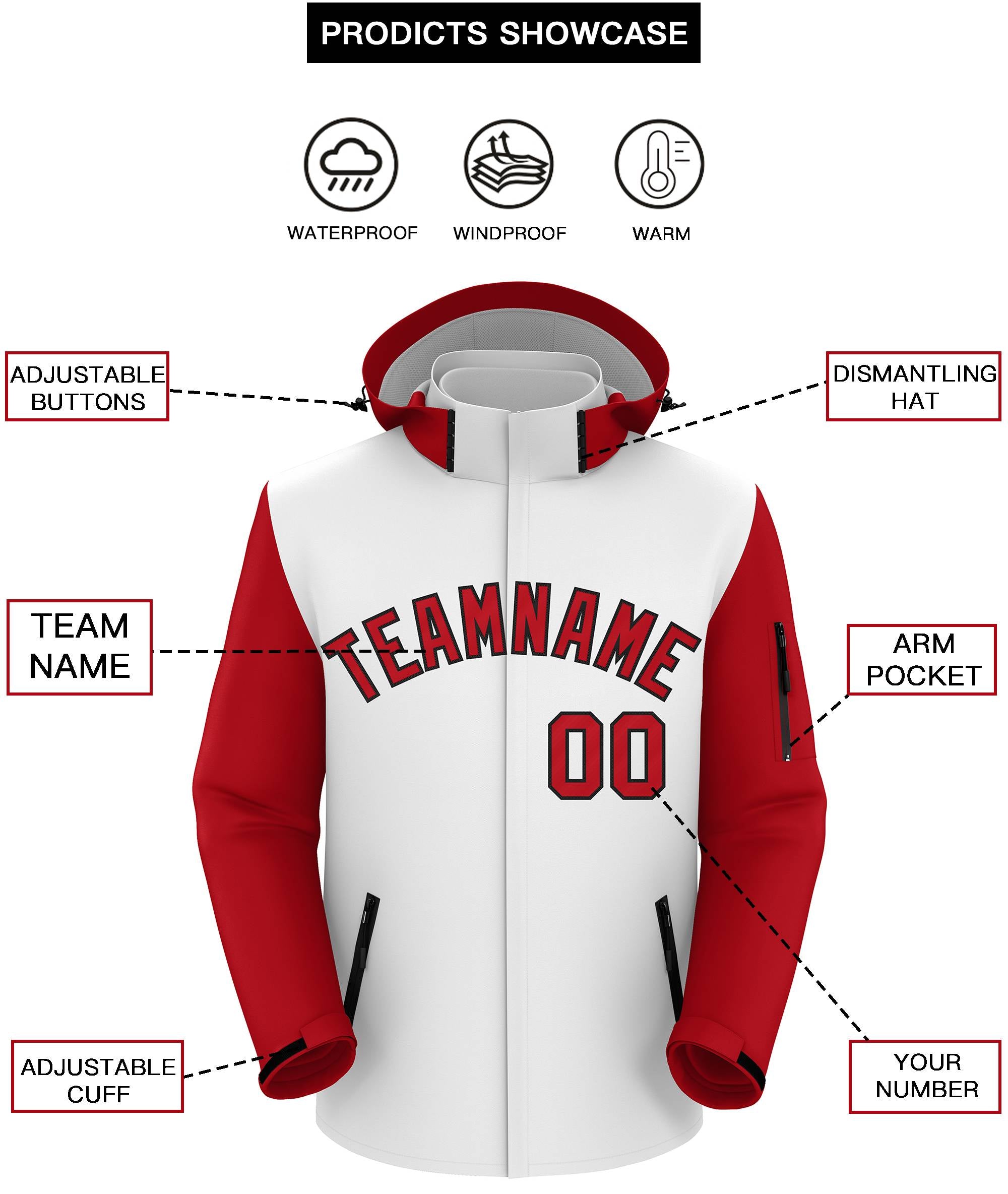 Custom White Red-Black Raglan Sleeves Waterproof Jacket