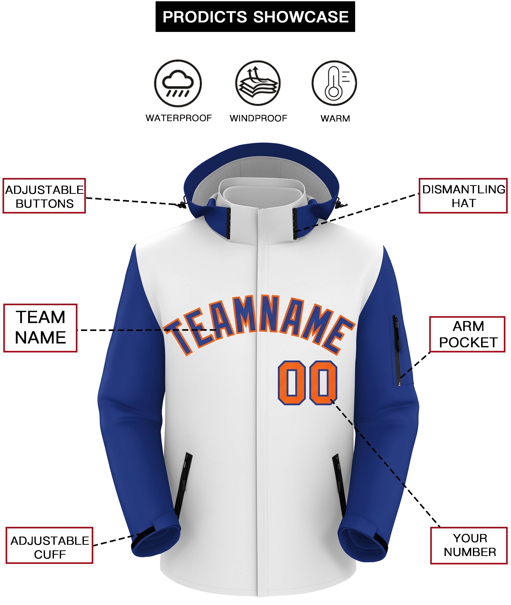 Custom White Royal-Orange Raglan Sleeves Waterproof Jacket