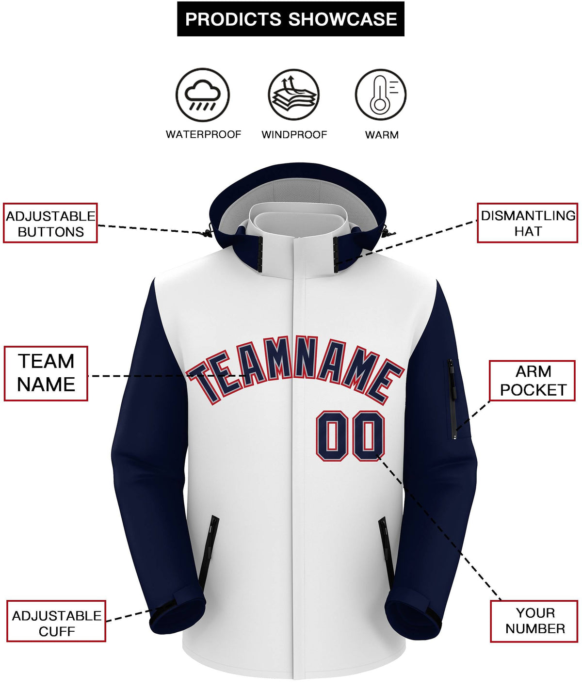 Custom White Navy-Red Raglan Sleeves Waterproof Jacket