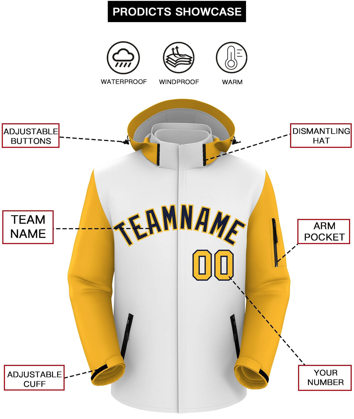 Custom White Gold-Navy Raglan Sleeves Waterproof Jacket