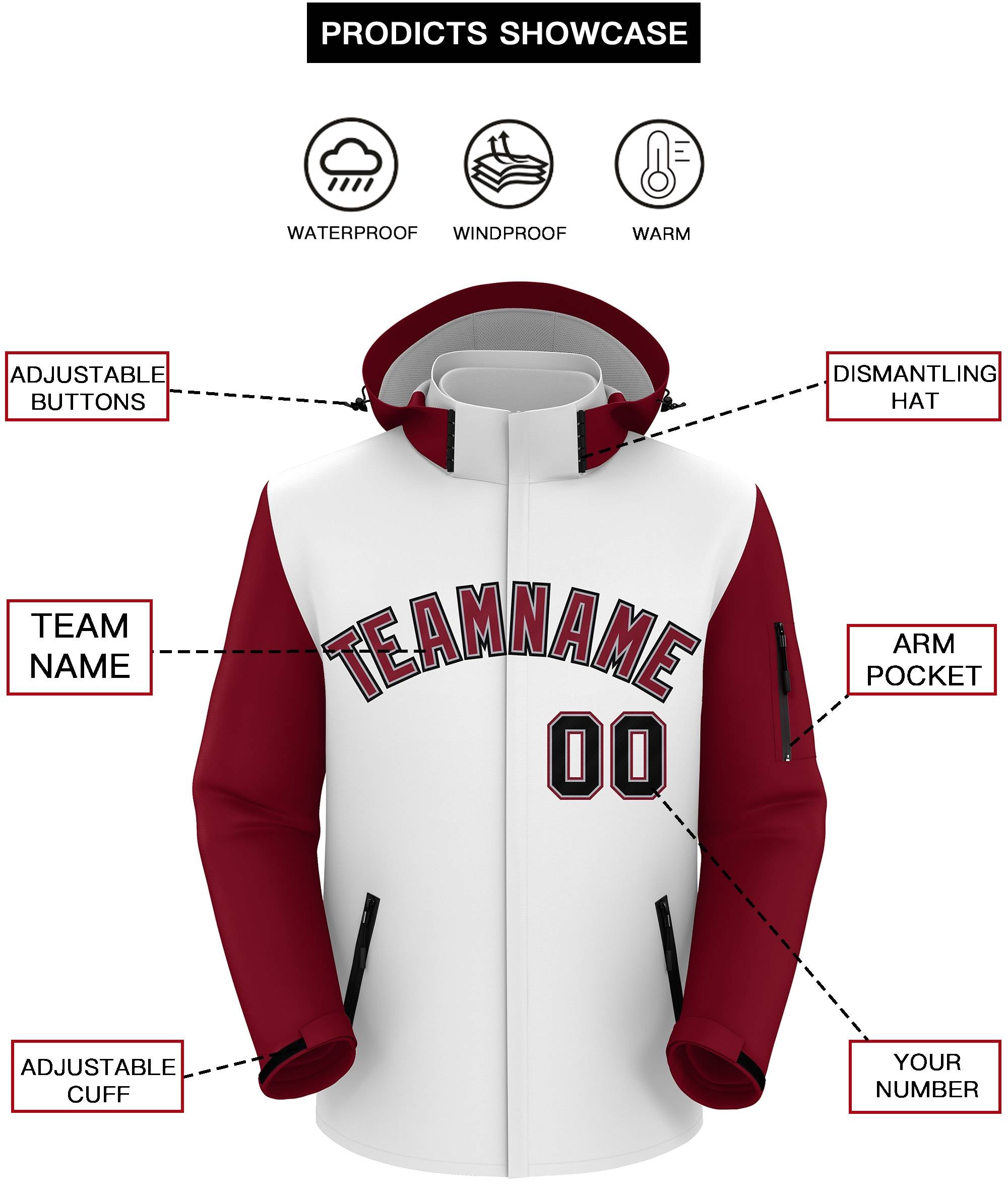 Custom White Crimson-Black Raglan Sleeves Waterproof Jacket