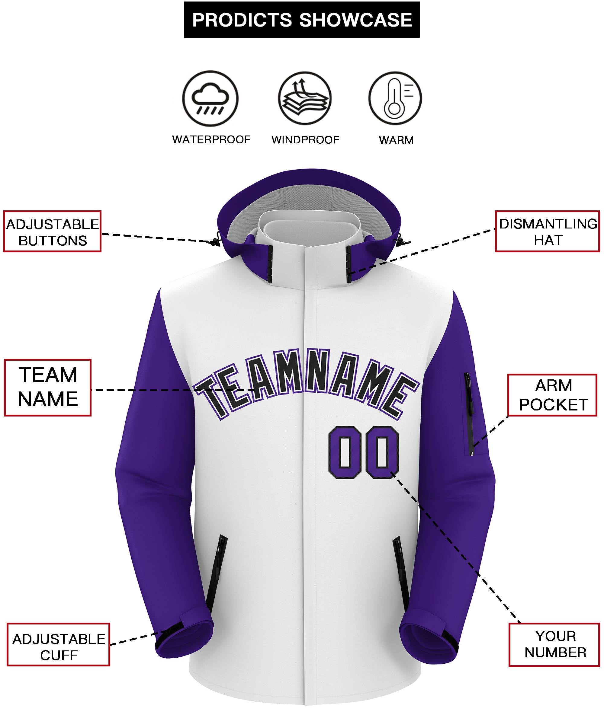 Custom White Purple-Black Raglan Sleeves Waterproof Jacket