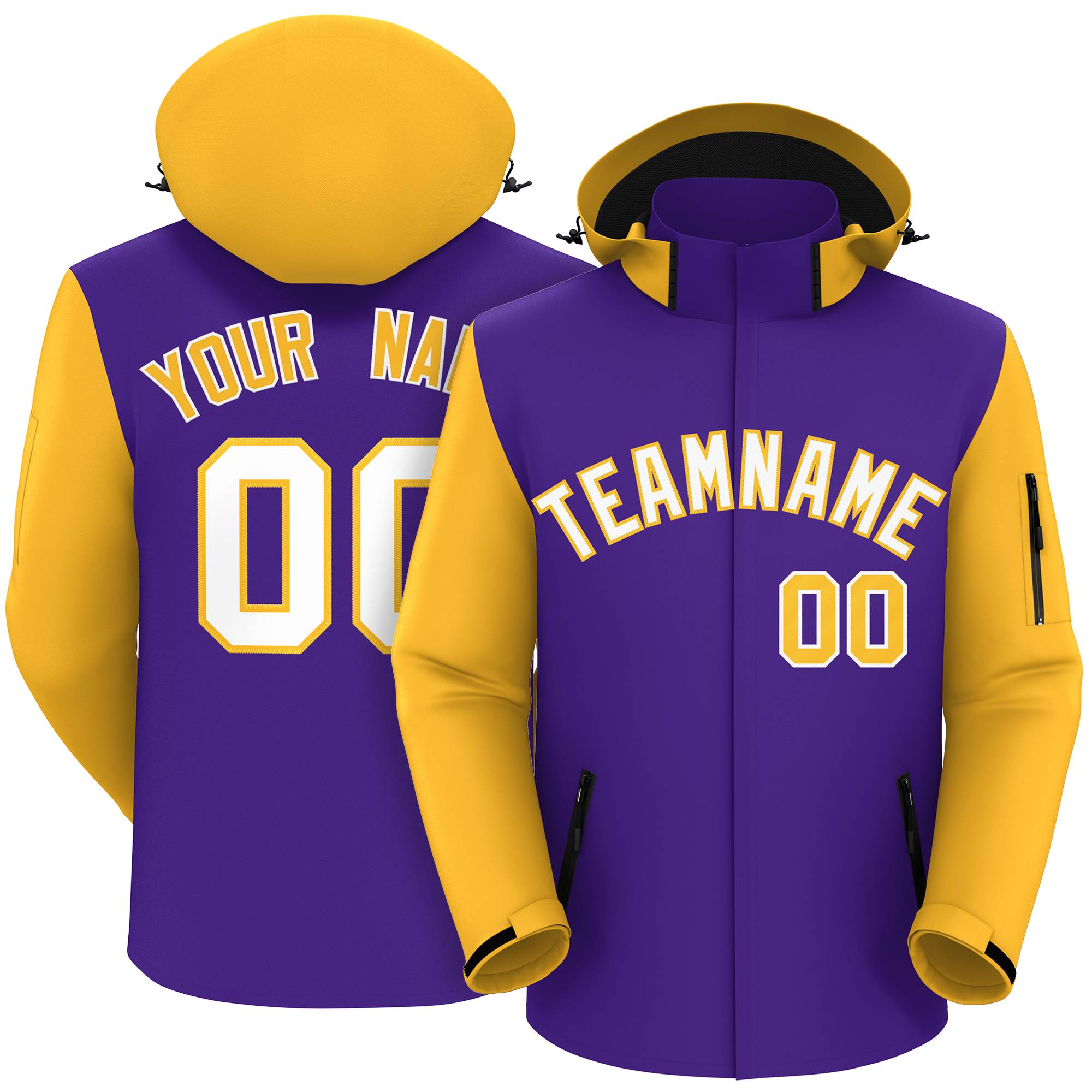 Custom Purple Gold-White Raglan Sleeves Waterproof Jacket