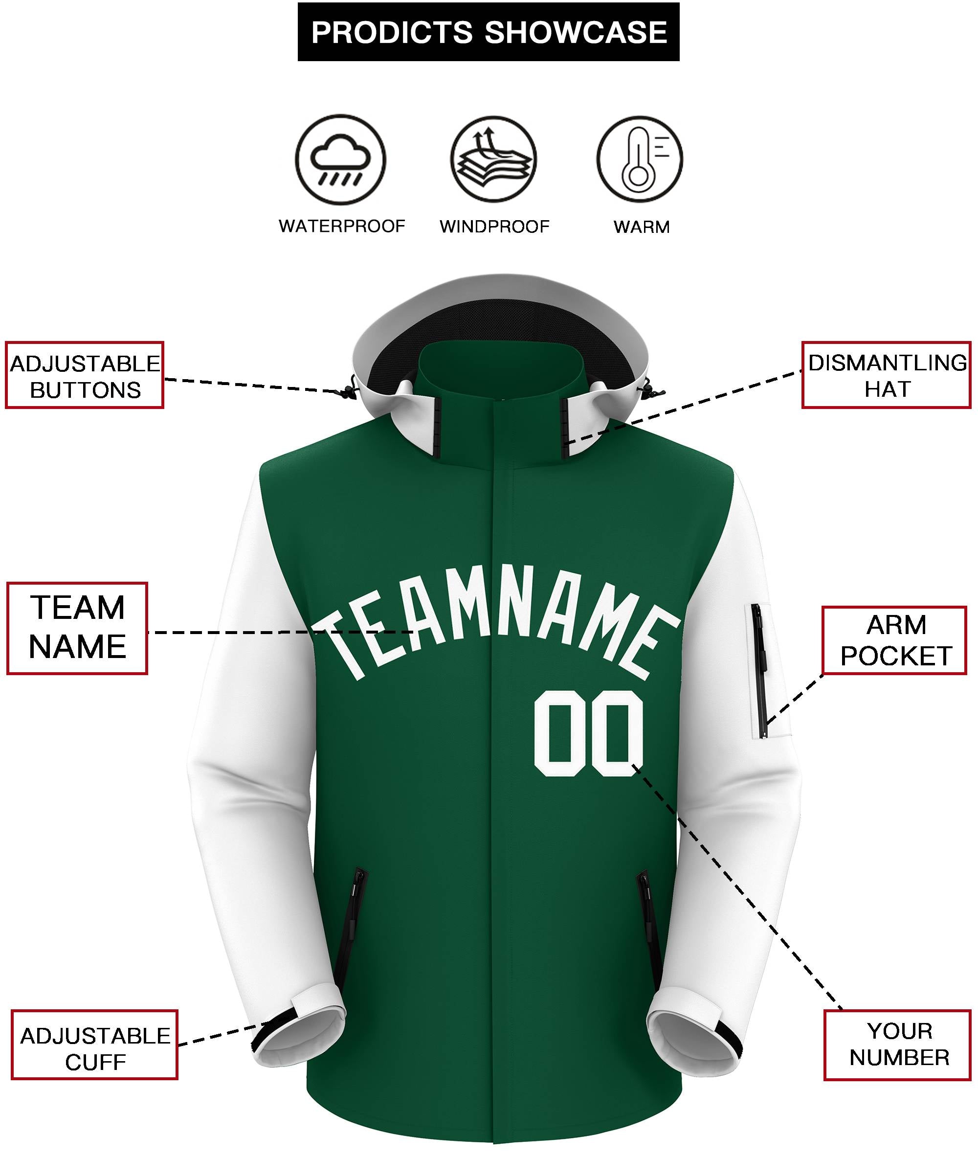 Custom Green White Raglan Sleeves Waterproof Jacket