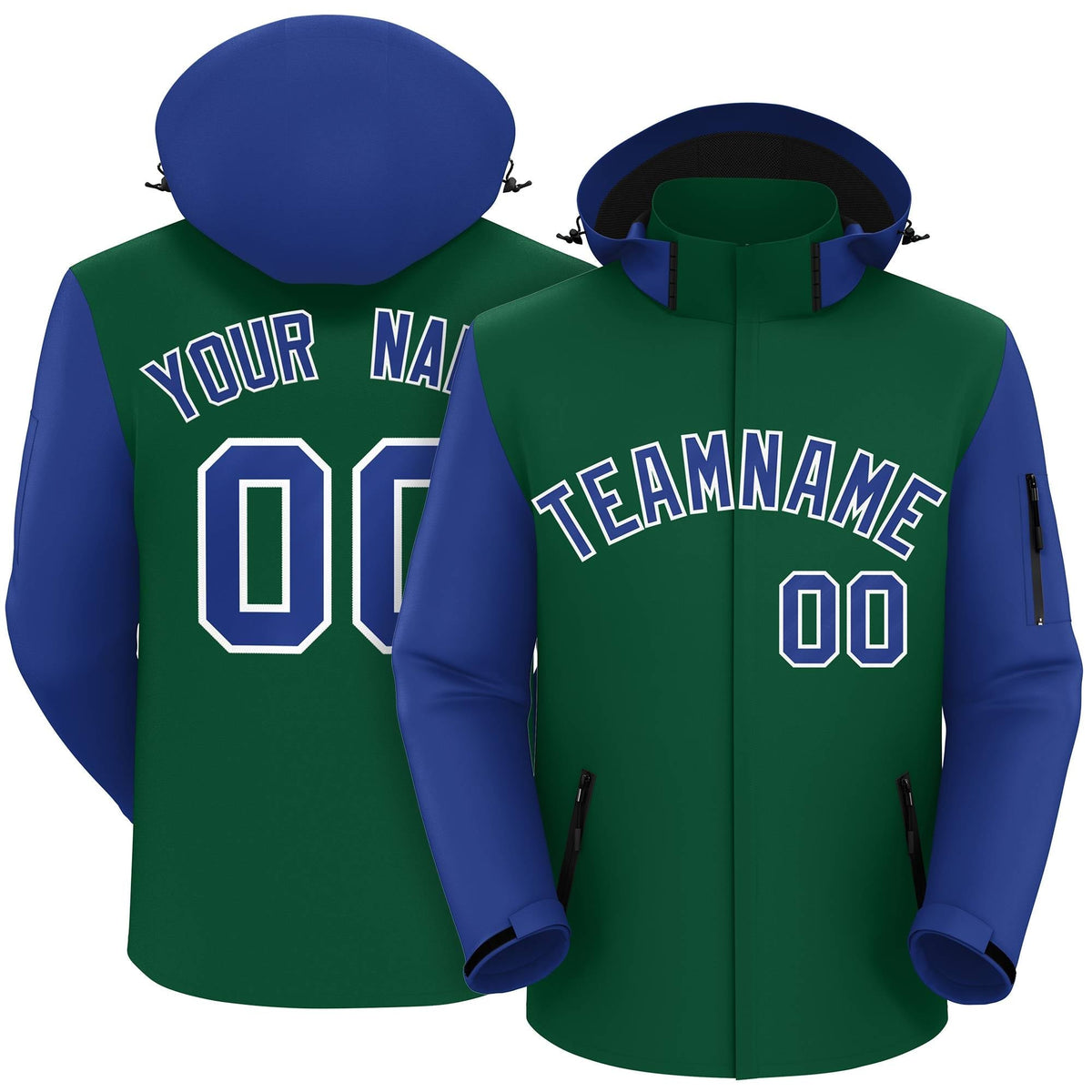 Custom Green Royal-White Raglan Sleeves Waterproof Jacket