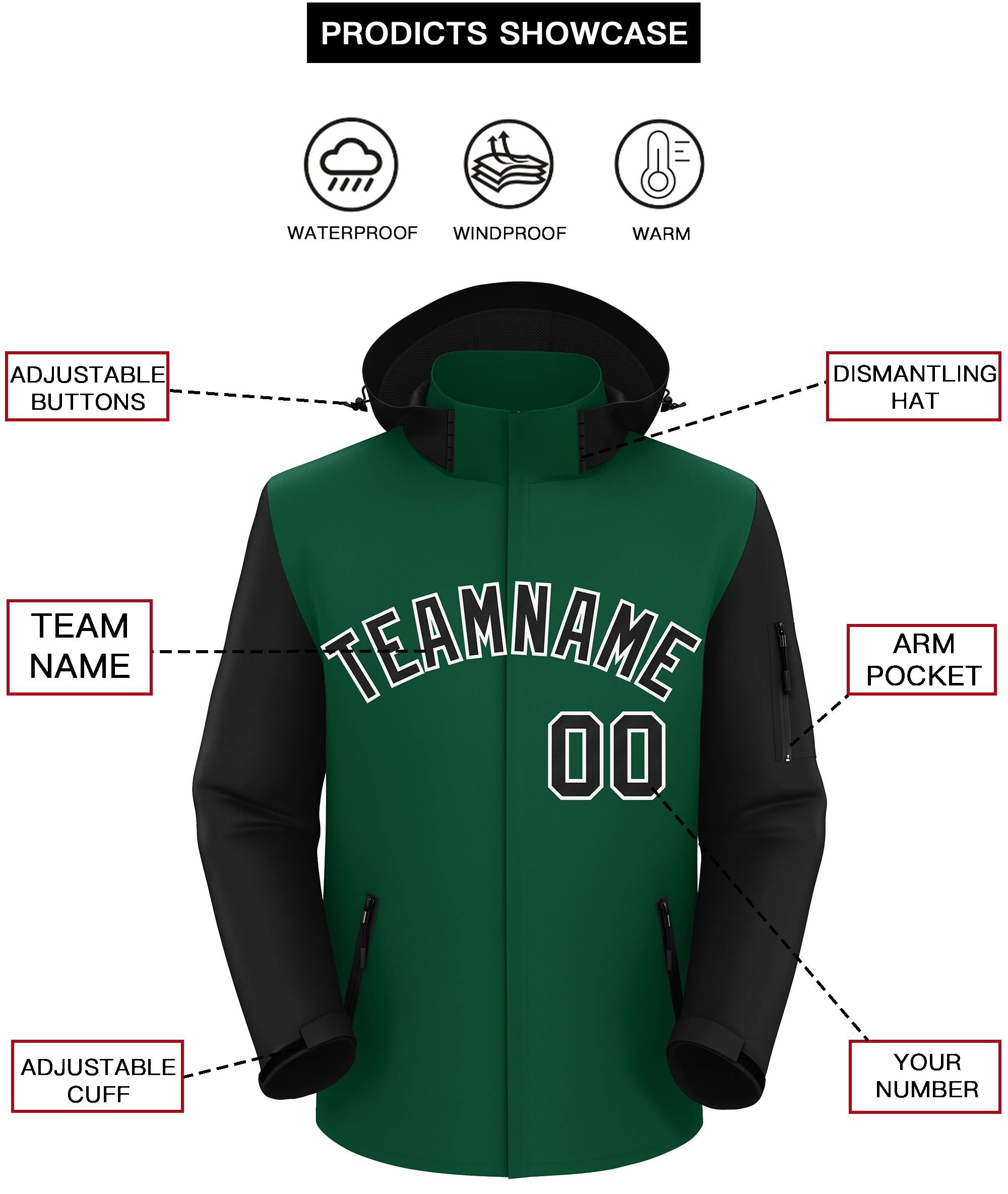 Custom Green Black-White Raglan Sleeves Waterproof Jacket