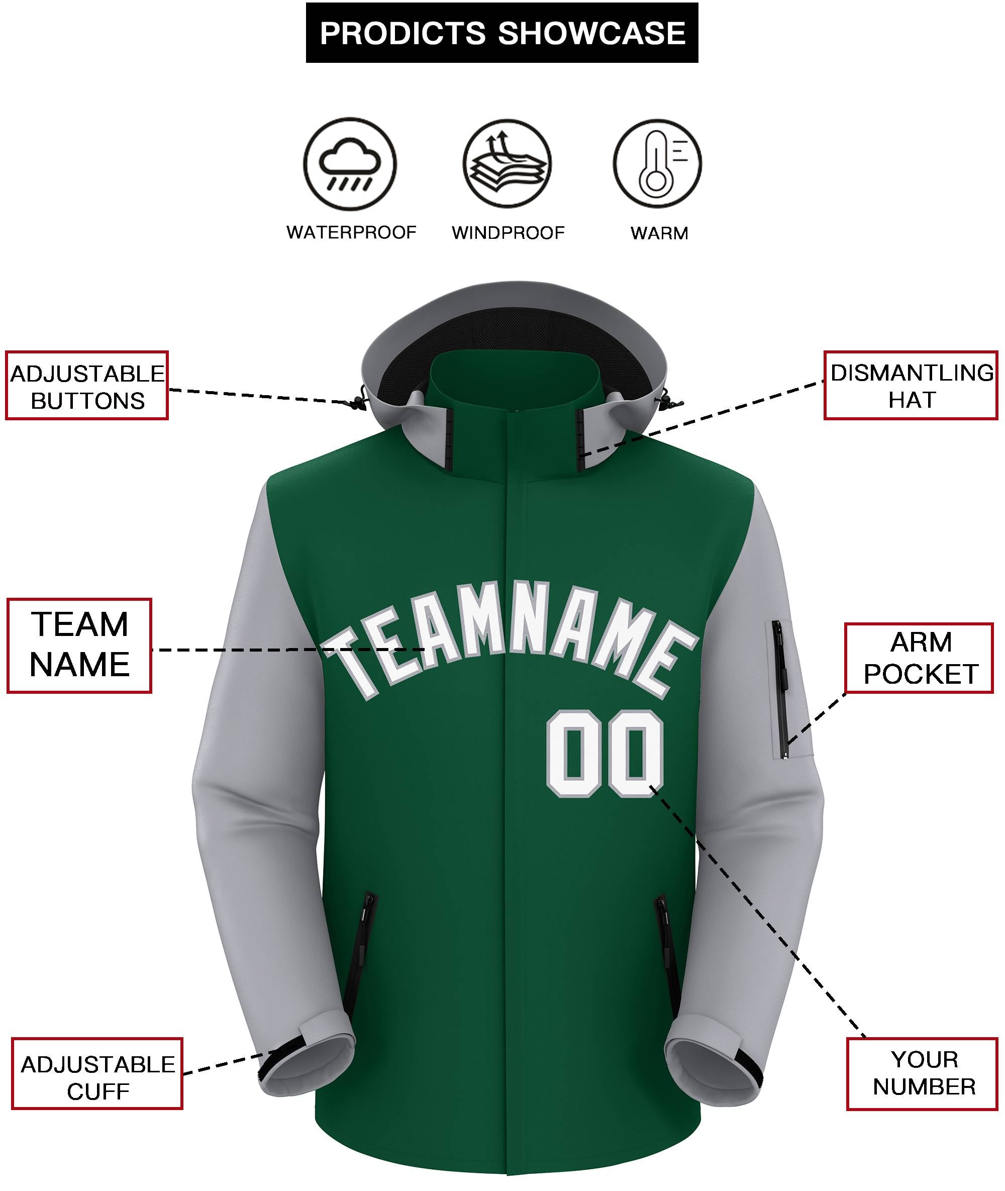 Custom Green Gray-White Raglan Sleeves Waterproof Jacket