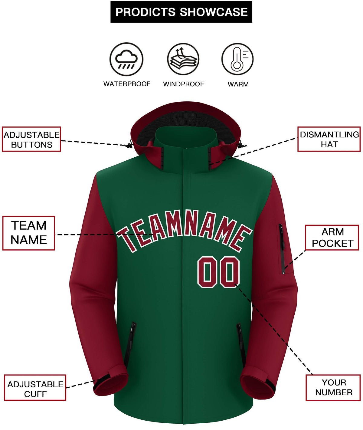 Custom Green Crimson-White Raglan Sleeves Waterproof Jacket
