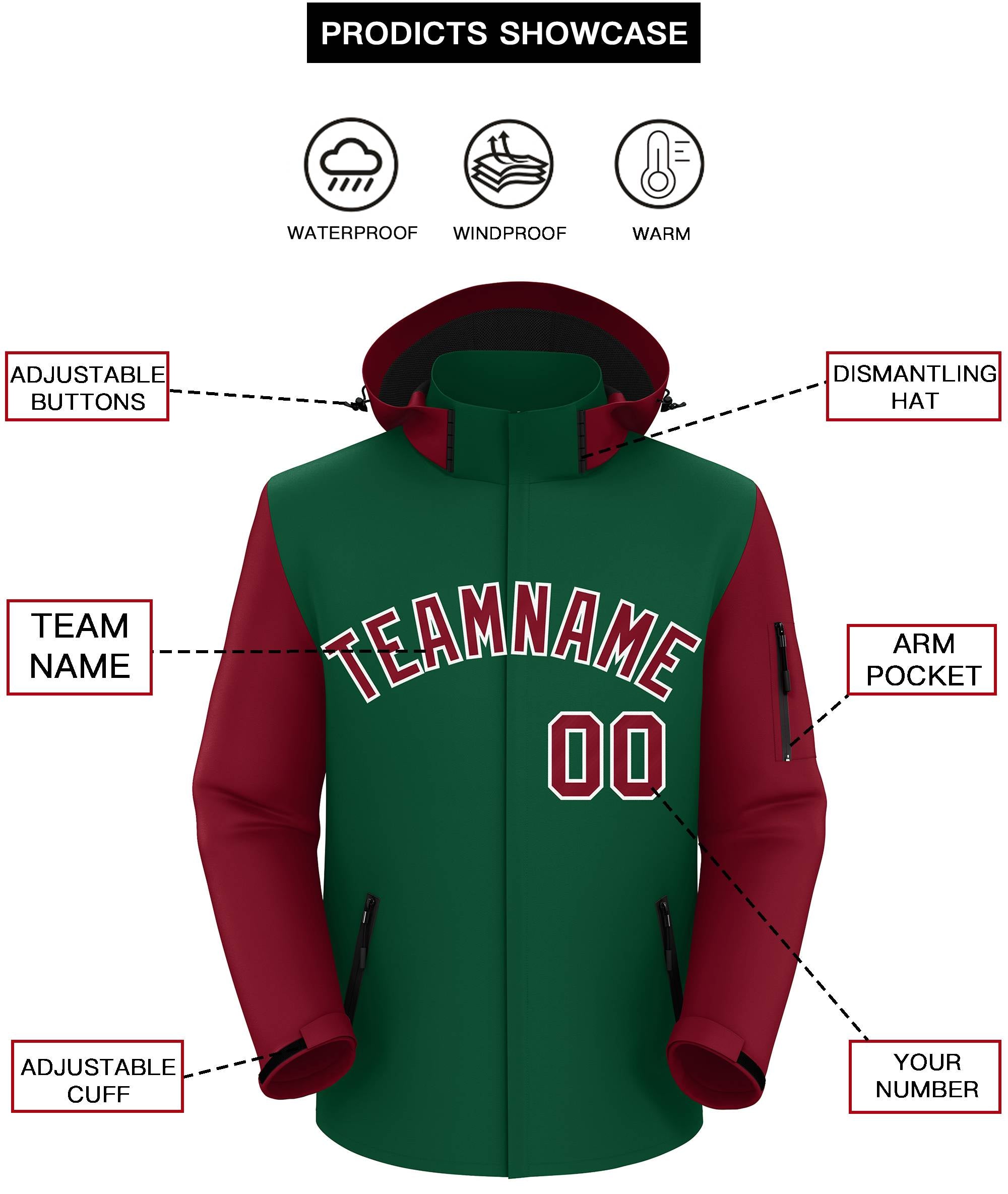 Custom Green Crimson-White Raglan Sleeves Waterproof Jacket