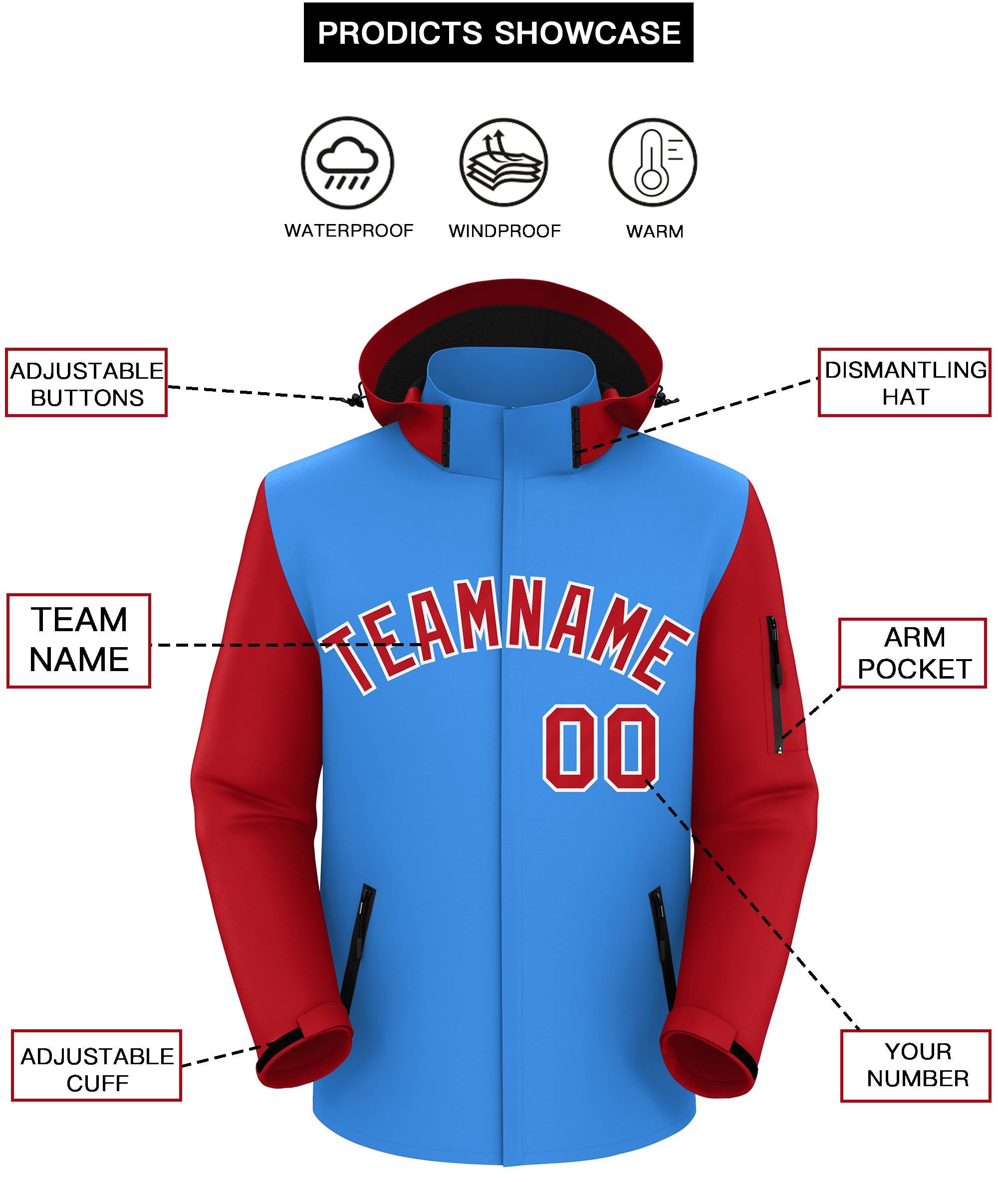 Custom Powder Blue Red-White Raglan Sleeves Waterproof Jacket