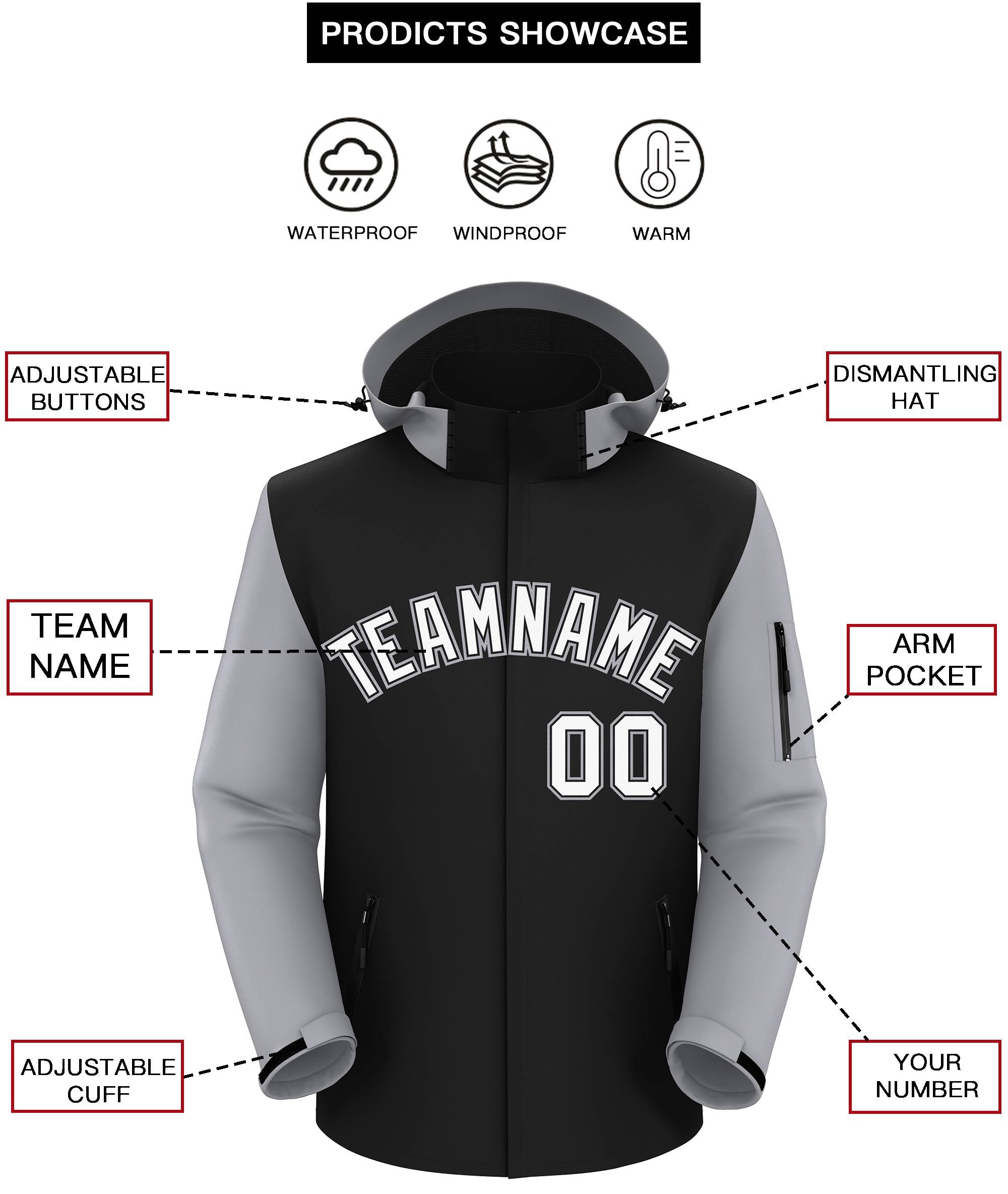 Custom Black Gray-White Raglan Sleeves Waterproof Jacket