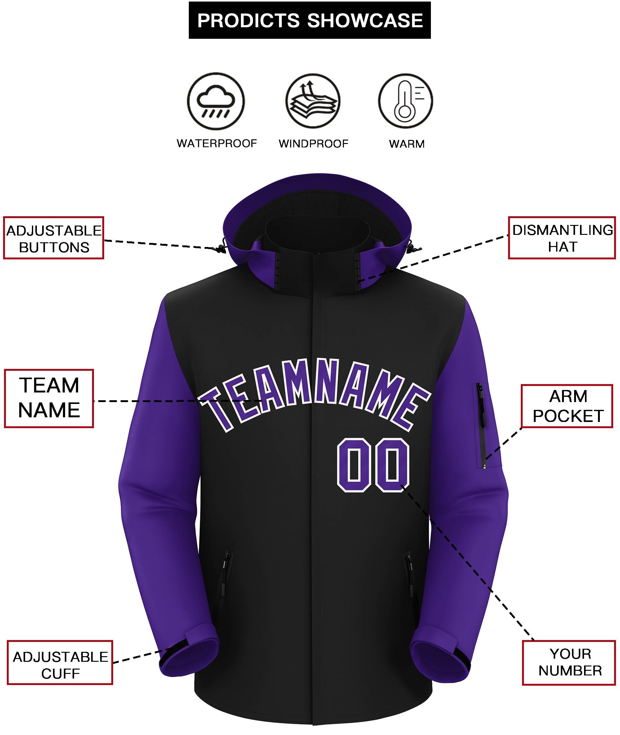 Custom Black Purple-White Raglan Sleeves Waterproof Jacket