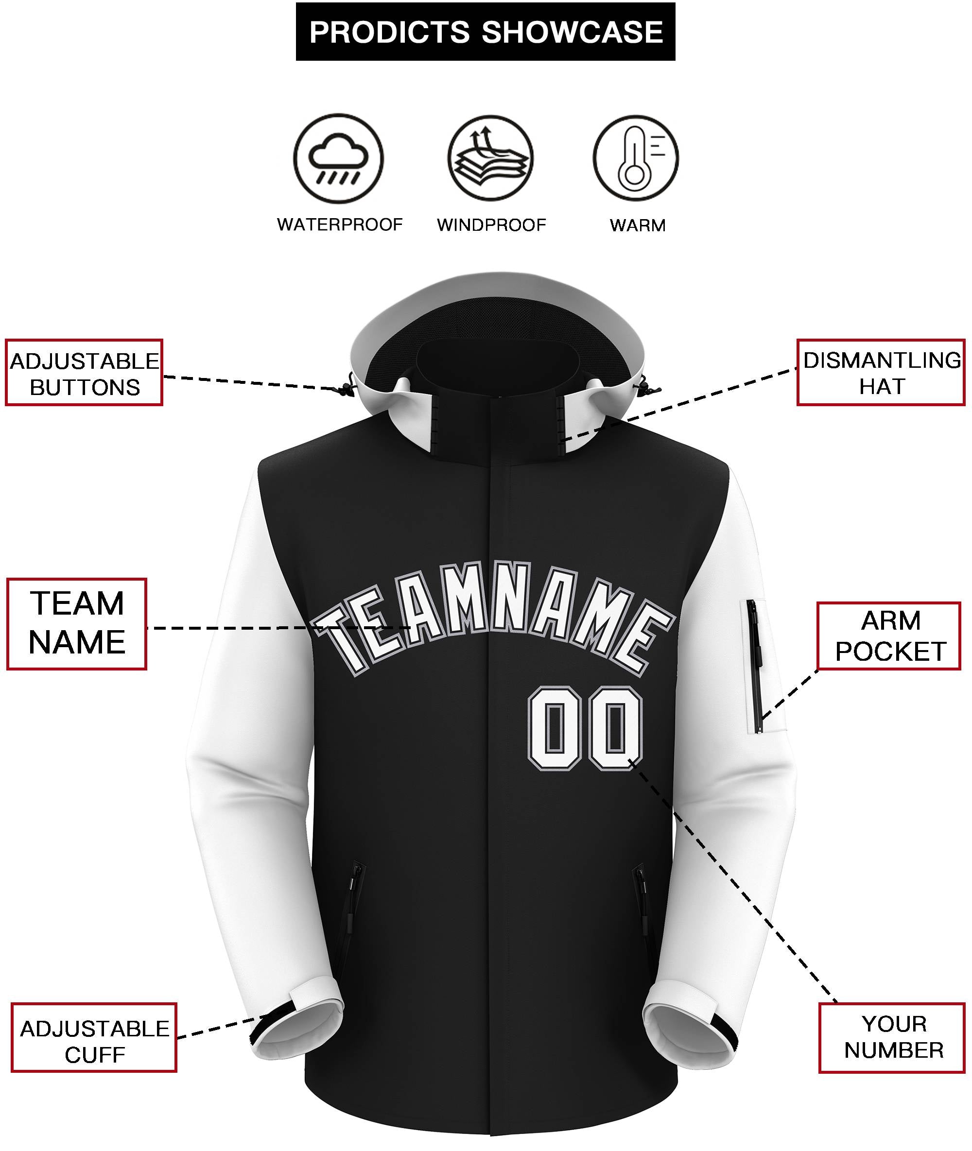 Custom Black White-Gray Raglan Sleeves Waterproof Jacket