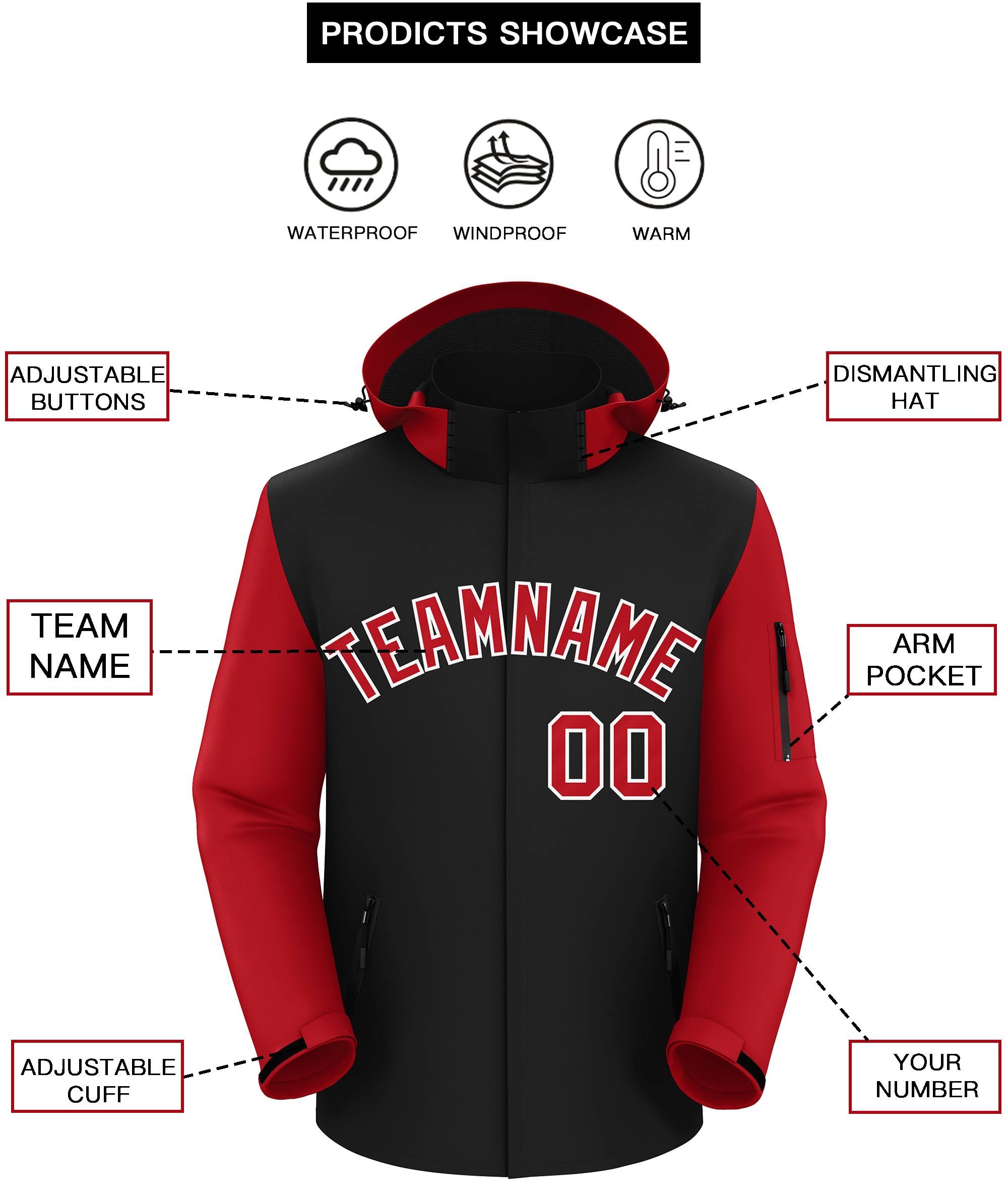 Custom Black Red-White Raglan Sleeves Waterproof Jacket