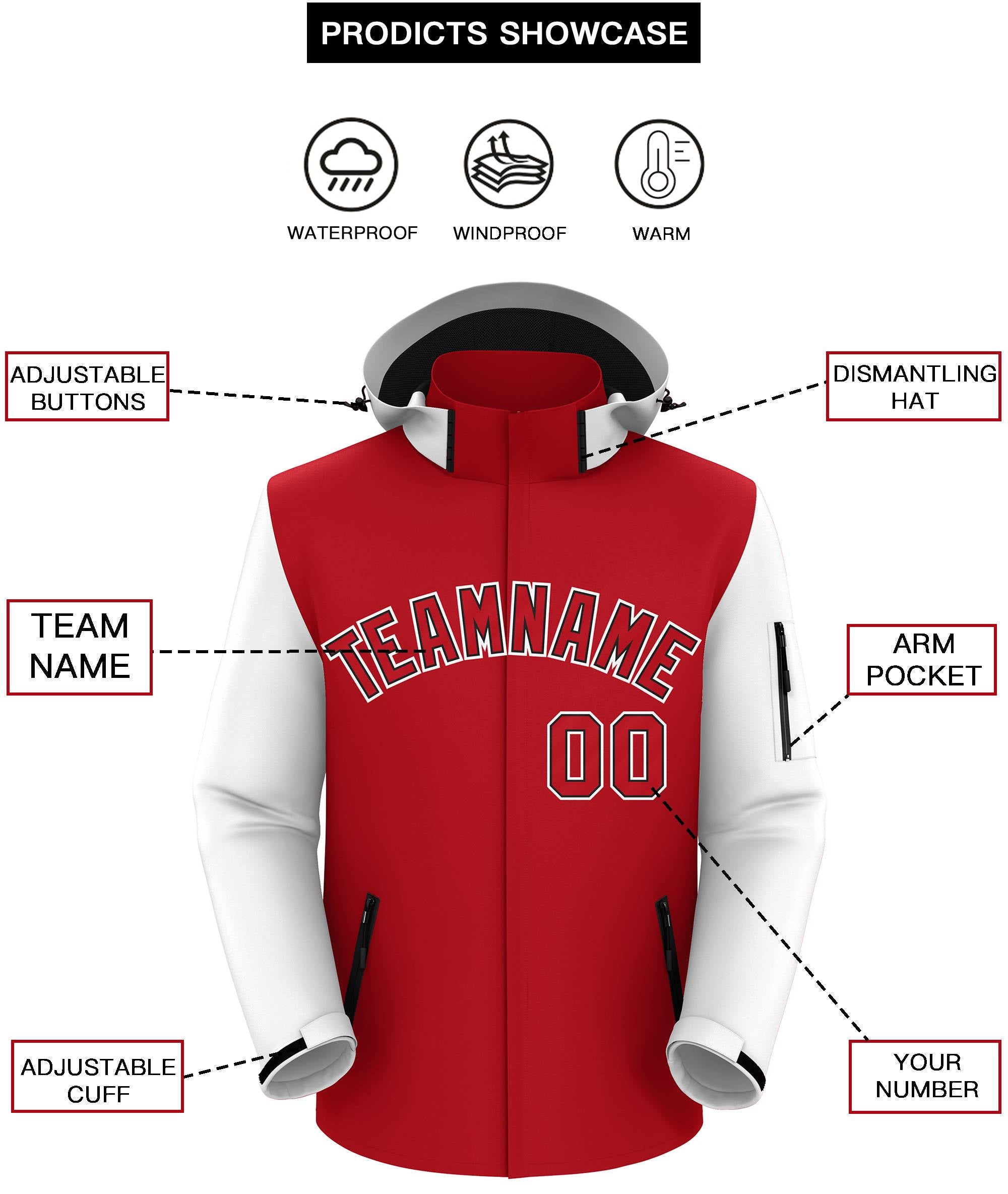 Custom Red White-Black Raglan Sleeves Waterproof Jacket